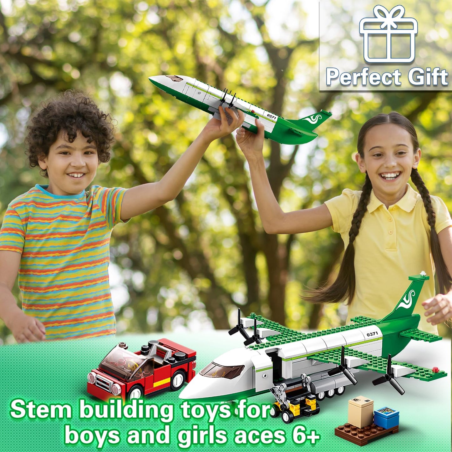BDXEJV City Cargo Plane Building Set, Plane City Kits Building Blocks with Car, Luggage Tray, Movable Stairs, Compatible with Lego Plane Airport, Airplane Model Toys Gifts for Adults Boys Girls 6-12
