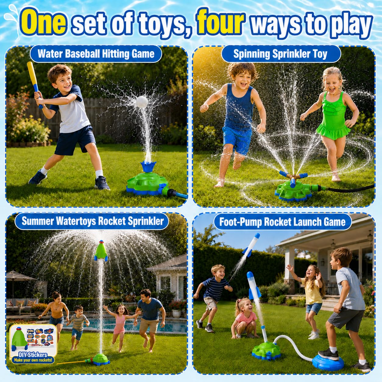 JKJRJJ 4-in-1 Water Sprinkler Toy for Kids,Backyard Outdoor Water Toys with Water-Spraying Rocket, Baseball Game, Rocket Launcher, Spinning Spray,Summer Yard Water Toys for Boys Girls Ages 4-12