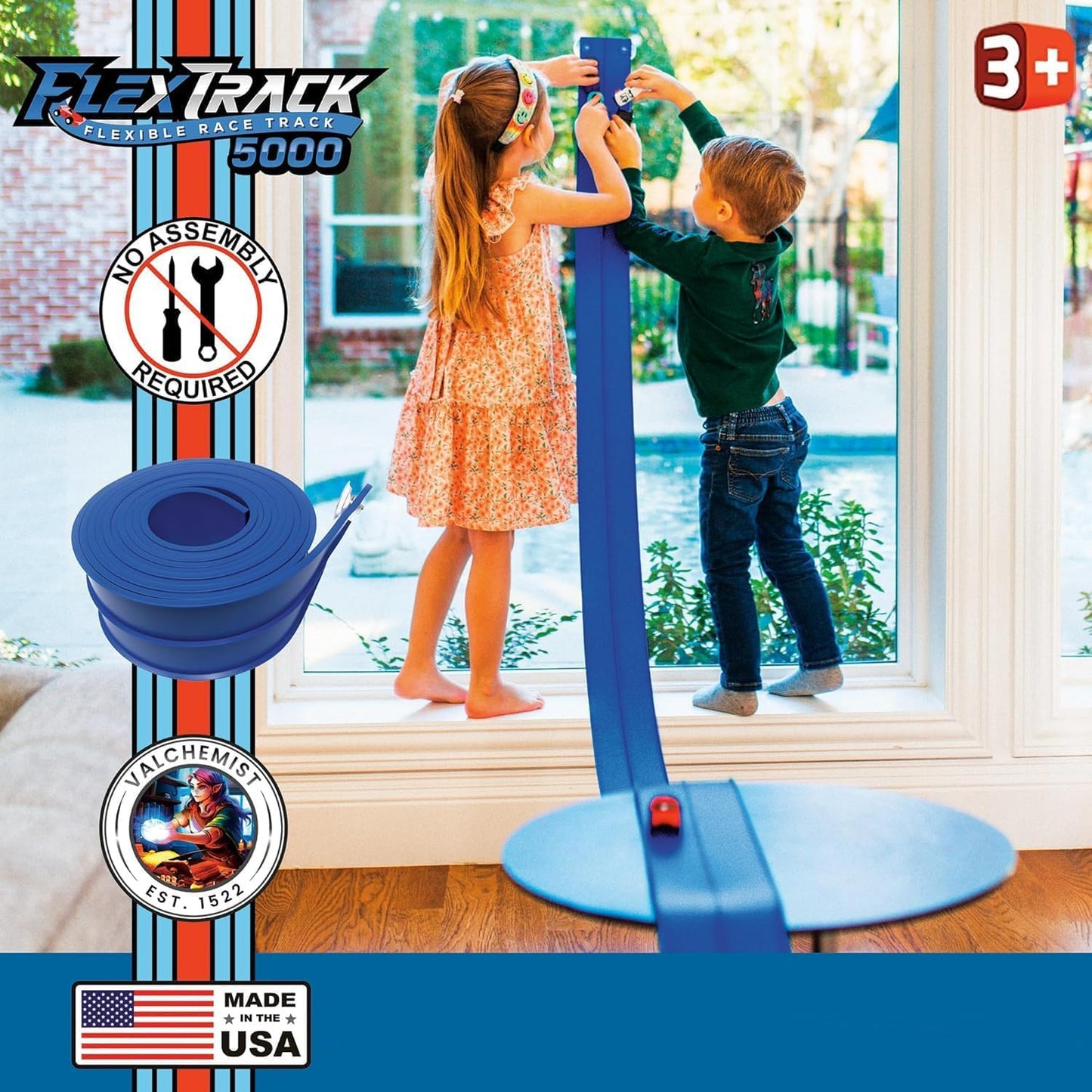 FlexTrack 5000 Flexible Race Car Track for Kids Toy with Suction Cups Compatible with Hot Wheels and Diecast 1/64th Cars and More 15 Feet Long Rolls Up Portable Racetrack (Racing Blue)