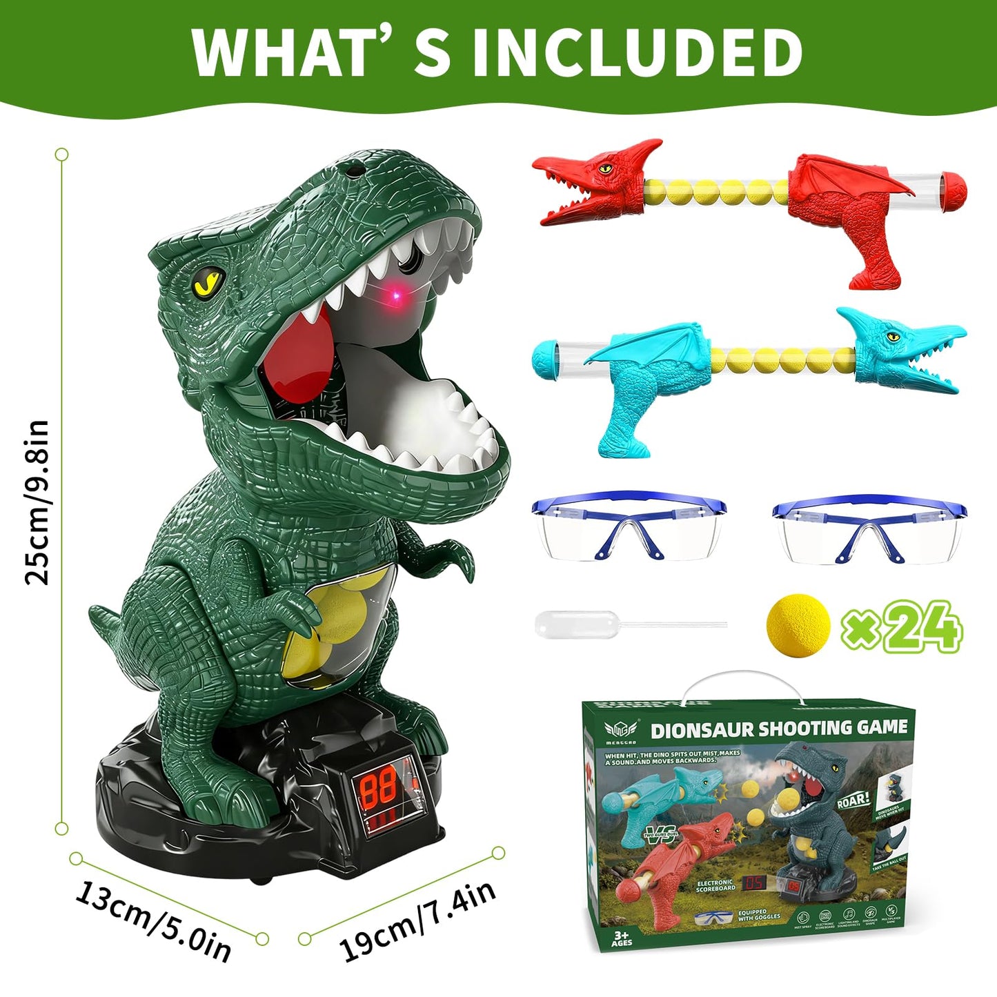 Movable Dinosaur Shooting Toys for Kids - Electronic Target Shooting Games with 2 Pump Blaster/24 Balls/Water Mist Spray/Score Record/LED & Sound Toy Foam Blasters Gift for Children Age 3 4 5 6 7 8