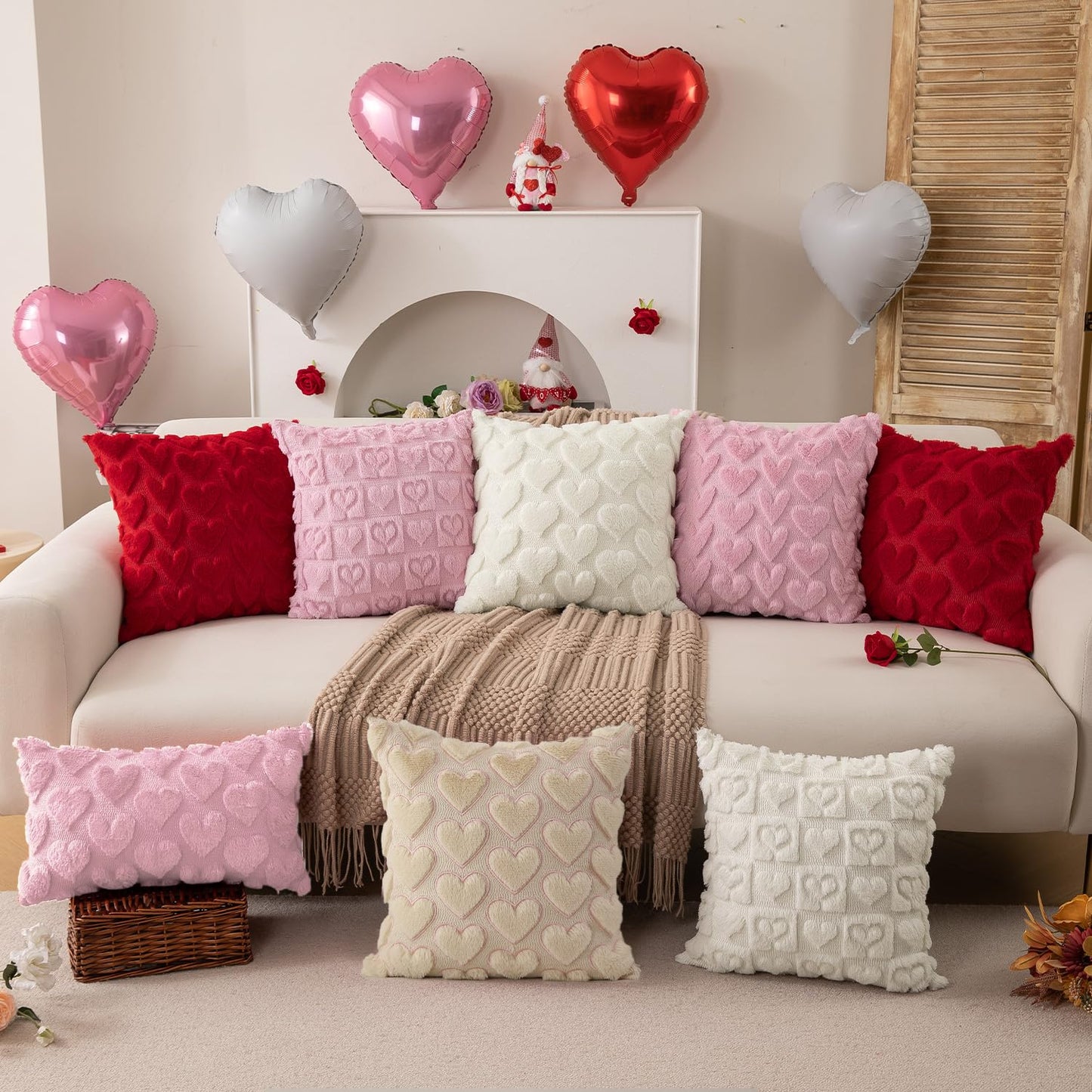 DFXSZ Valentines Pillow Covers 12x20 inch Set of 2 Valentines Day Decoration Pink Heart Soft Plush Faux Fur Jacquard Throw Pillows for Bedroom Sofa Holiday Festivals Home Decor PTK017B12
