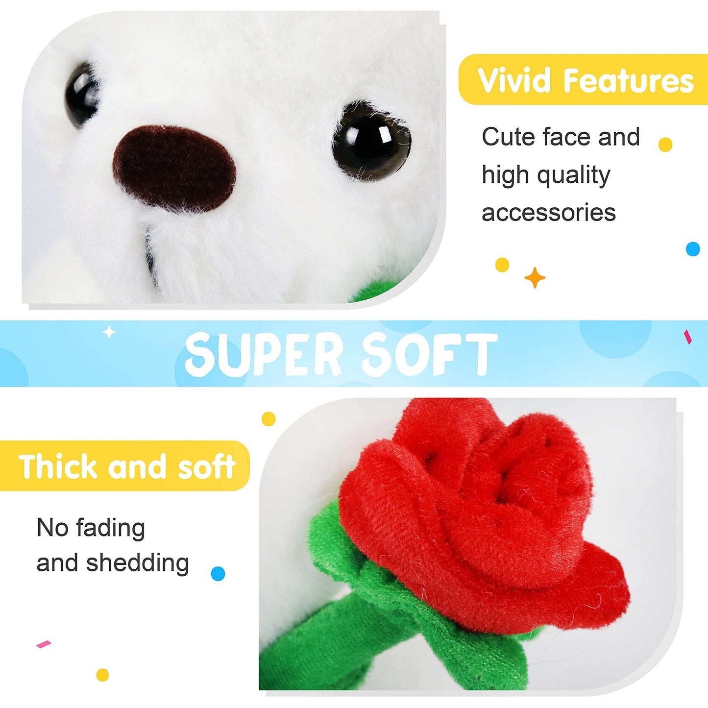 Houwsbaby Glow Teddy Bear with Rose White Bear Stuffed Animal Soft Light Up Plush Toy LED Night Lights Birthday Christmas for Kids Toddler Girlfriend,White,10.5''
