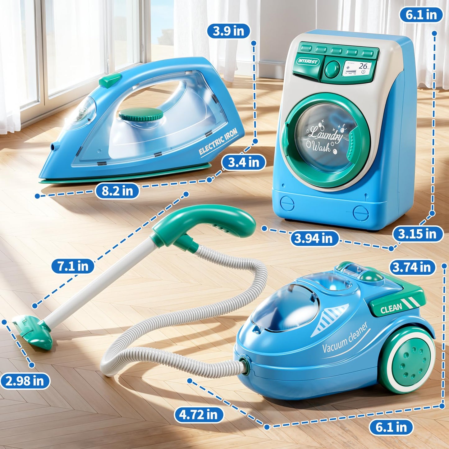 KIZONLY Toy Cleaning Set for Toddlers 1-3, Kids Cleaning Toy with Toddler Vacuum Cleaner, Toy Washing Machine, Small Iron, Light and Sound, Pretend Play Birthday Gifts for 3 4 5 6 7 8 Year Old Girl