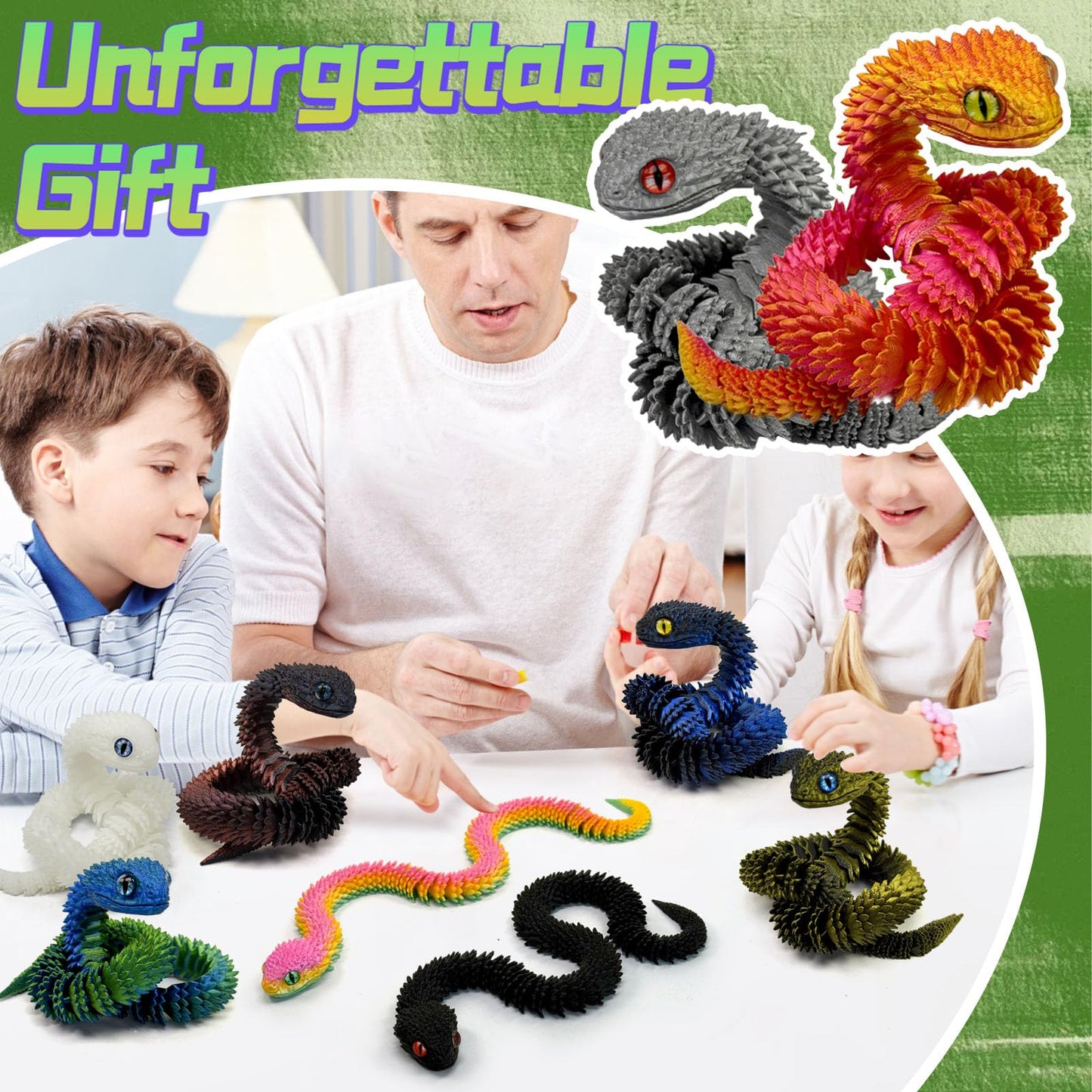 KAMOVNY 5PCS 18Inch 3D Printed Snake,Articulated Crystal Snakes Figures for Stress Relief, Creative Desk Decor Idea for Kids Adults(Combination 1)