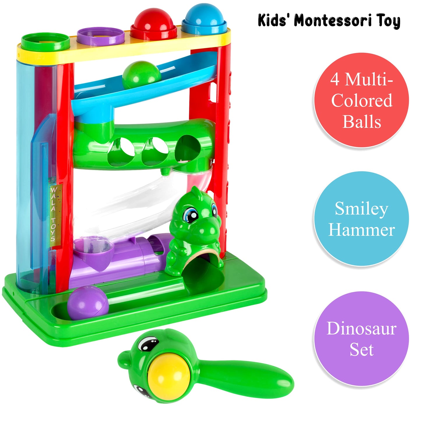 WALA - Pound a Ball Dinosaurs Toy - Super Durable Toddler Girls and Boys Toys - Comes with Ball Tower, Ball, Hammer, and 7 Dinosaur Toys for Kids - Educational Baby Hammer Toy - STEM Development
