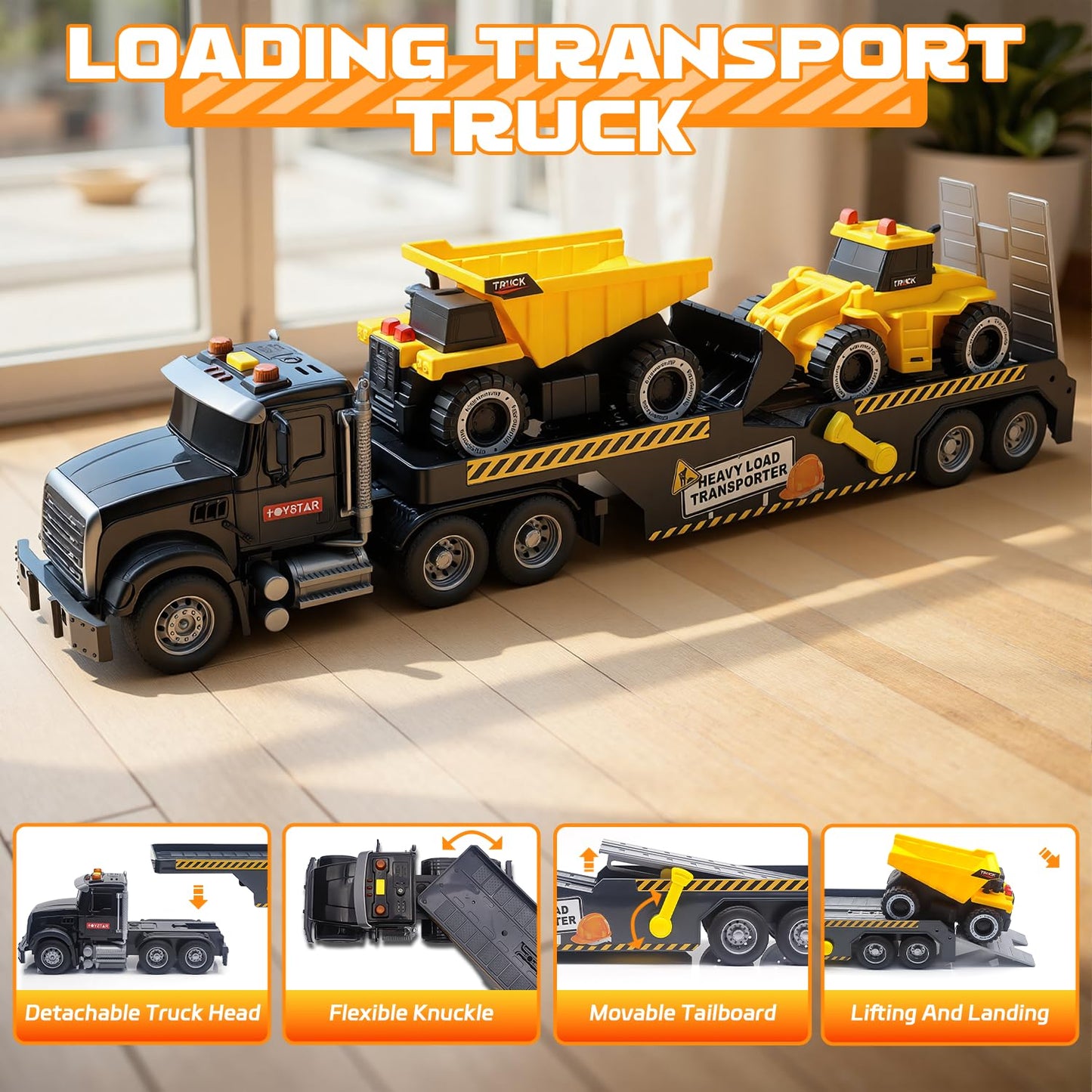 Construction Carrier Truck Toys,21" Semi-Trailer Toy with Excavator and Dump Toddler Boy Toys for 3 4 5 6 7 Years Kids Friction Powered Vehicle Car Toy with Lights & Sounds, Birthday for Boys Girls