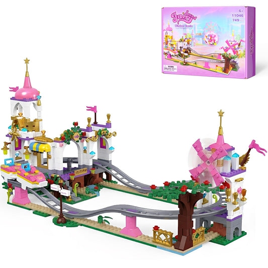 Leyic 2 in 1 Castle Roller Coaster Building Set, 749 Pcs STEM Amusement Park Construction Kit for Kids, Pink Playground Blocks Birthday Gift Toys for Girls Ages 6 8-12