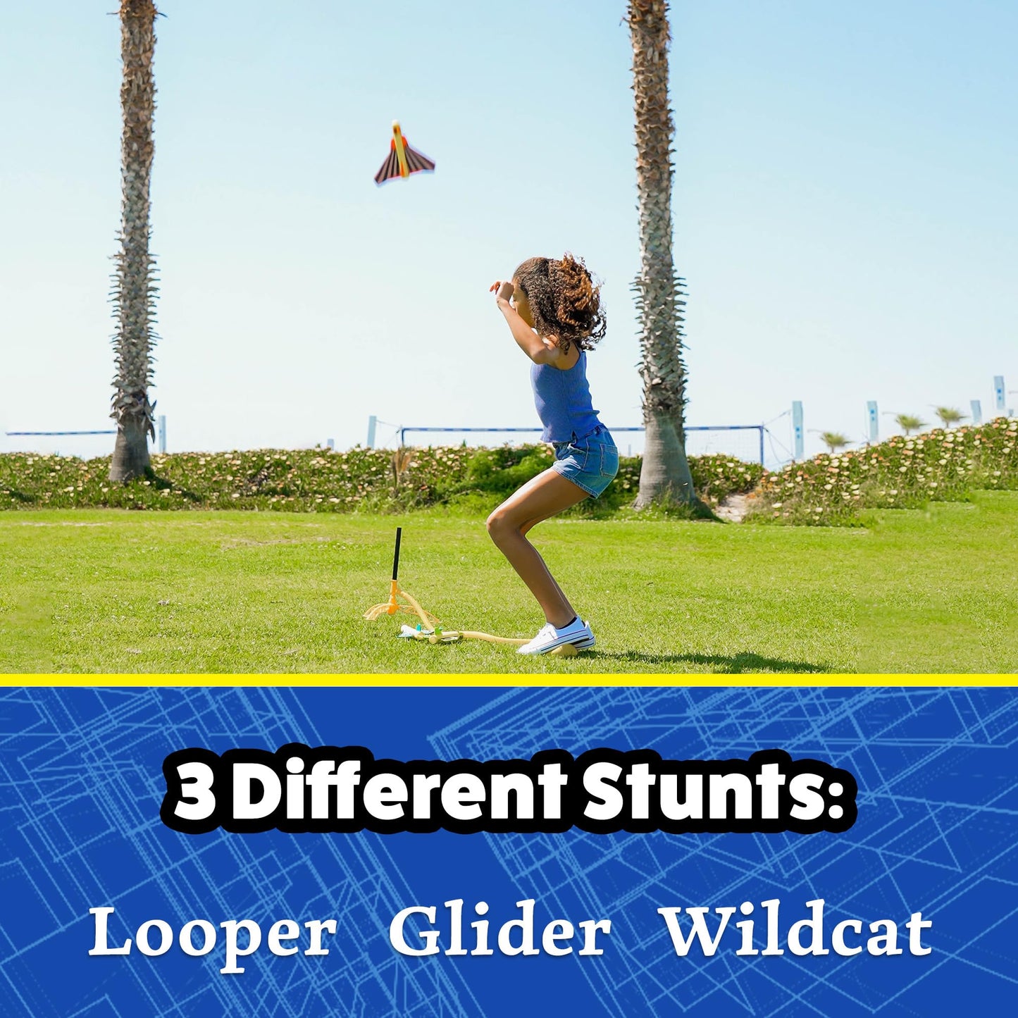 Stomp Rocket Stunt Plane Launcher Toy for Kids - 3 Foam Airplane Toy Soars Over 100 Feet - Unique Tricks & Adjustable Plane Rocket Launcher Stand - Fun Outdoor Toys & Gift for Boys or Girls
