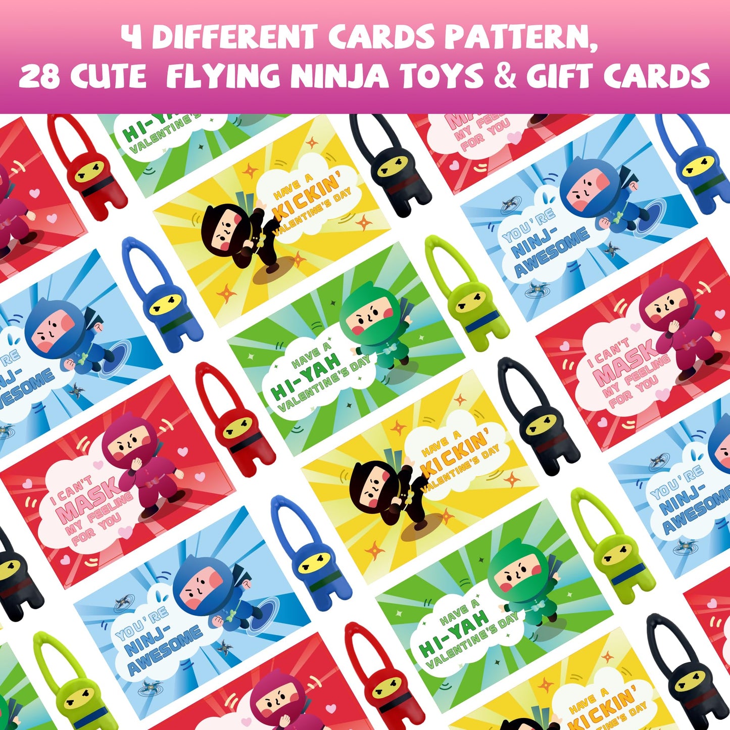Valentines Day Gifts for Kids Classroom, 28 Pack Ninja Valentines Day Cards with Stretchy Flying Elastic Slingshot Ninja Toys, Sticky Hands for Kids Valentines Exchange Gifts School for Boys & Girls
