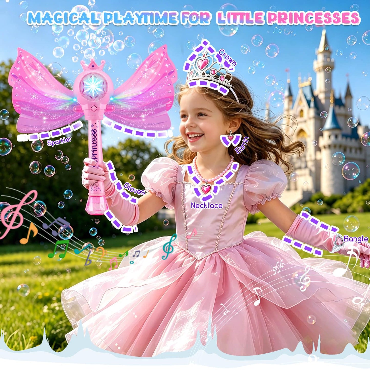 Gretex Bubble Wands for Kids Ages 3-5 Years Old: Girls Dress Up Toys Set Princess Light Up Bubble Wand, Musical Automatic Bubble Blower, Birthday Party Gift for Toddler Girls 3-8 Years Old
