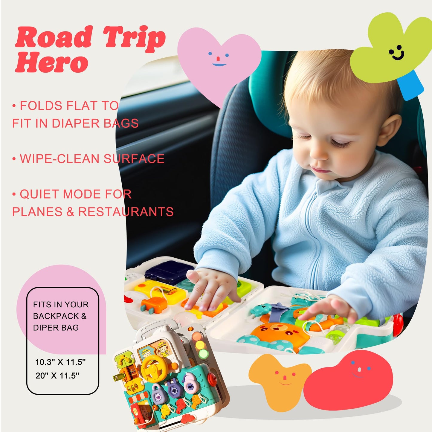ROHSCE Montessori Busy Board for Toddlers 1-3, Baby Educational Activity Board with Lights & Music, Sensory Toys for Fine Motor Skills, Travel Toys for Airplane Cars, Gift for Boys Girls