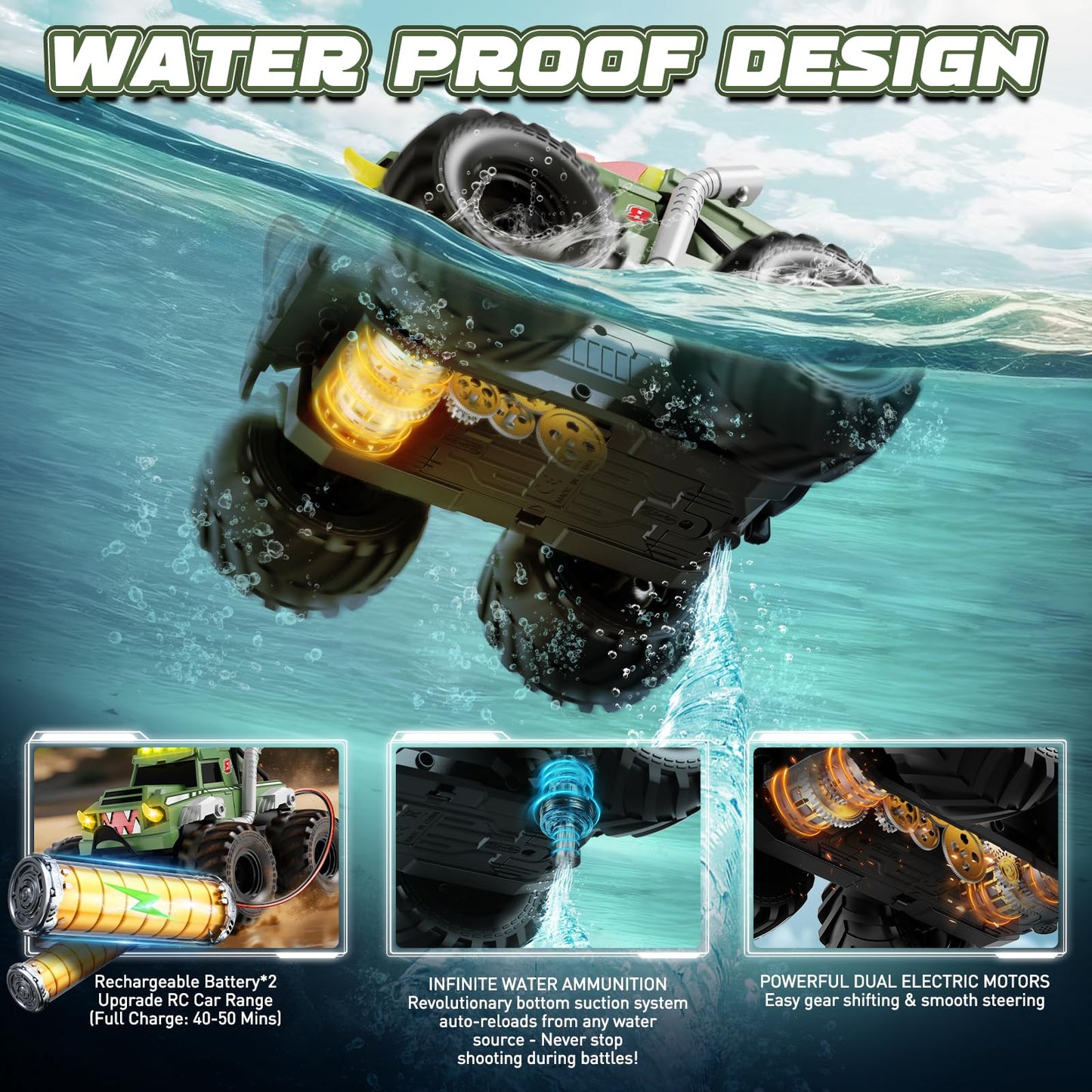 UFOLED Remote Control Car, Waterproof Monster Truck Toys RC Cars for Boys, 1:18 Amphibious 4WD All Terrain Off-Road Pickup Toy Trucks, Christmas Birthday Gift Boys Girls Kids Ages 6 7 8-12 Years Old