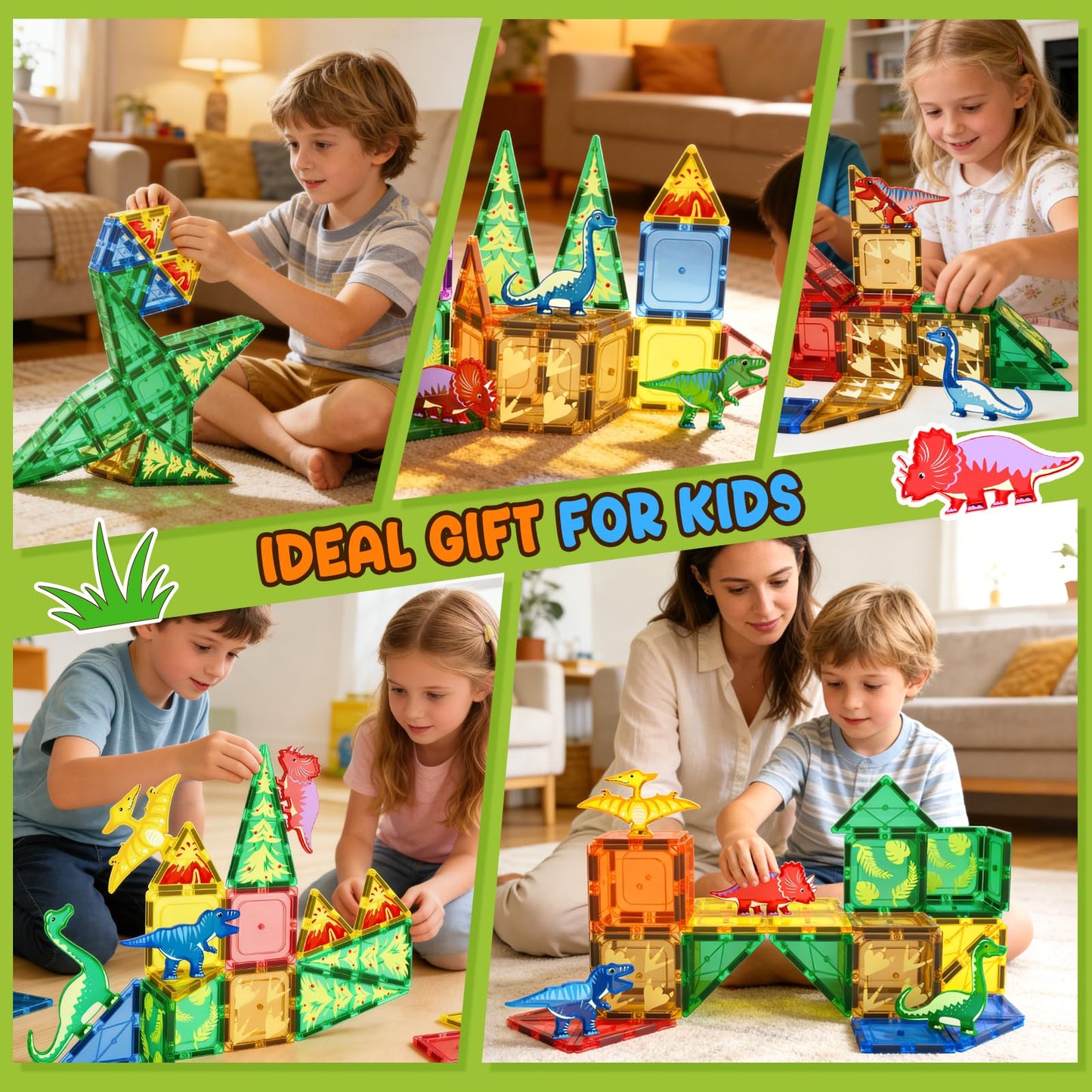 Coodoo Dinosaur Toys Magnetic Tiles - Magnet Building Blocks for Toddler Kids Toys STEM Sensory Outdoor Toy for 3+ Year Old Boys and Girls, Dinosaur World Creative Games Kids