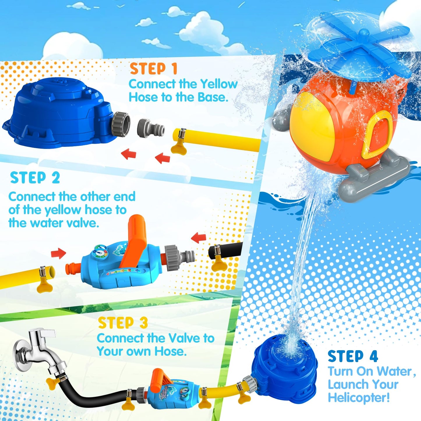 Helicopter Water Sprinkler for Kids Outdoor Play 4-12, Summer Outside Backyard Spinning Splashing Fun Sprinklers Toys-Sprays Up to 4-6ft High, Helicopter Launcher Outdoor Water Fun Toys for Kids