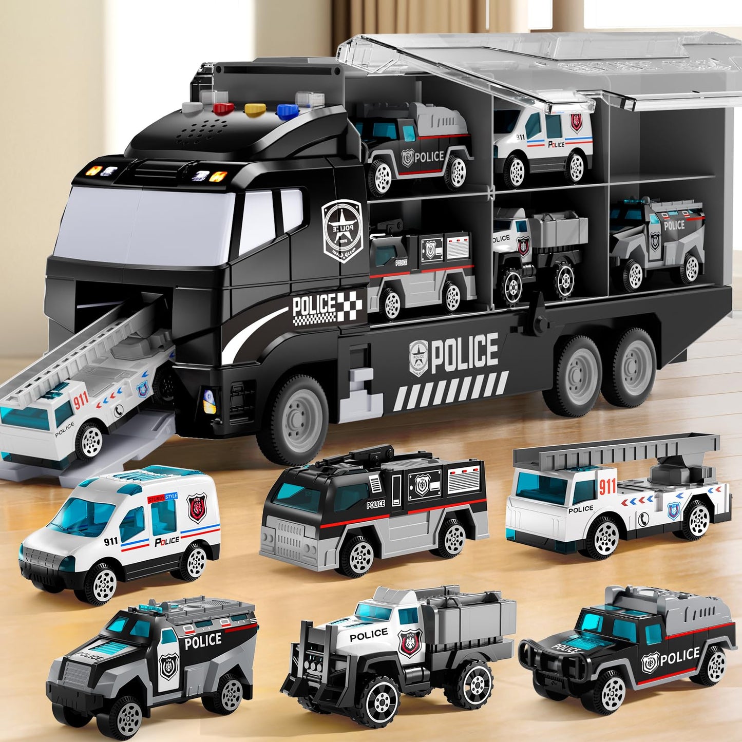 NIPLOOOW Toddler Boys Toys for 3 4 5 6 Years Old, Police Truck Vehicle Toy Set with Play Mat and Die-Cast Toy Car, Transport Carrier Truck for Kids, Birthday Gifts Toys for 3 4 5 6 7 8+ Year Old Boys