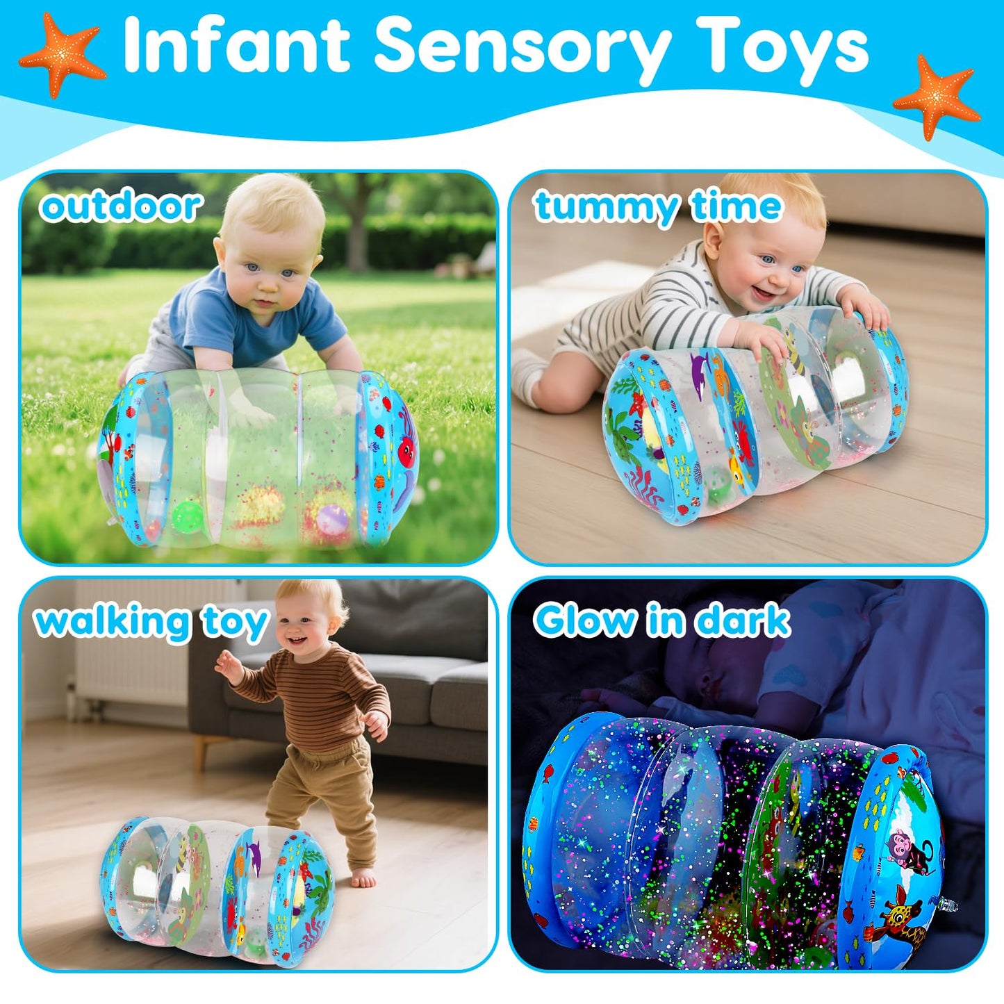 Crawling & Walking Baby Toys 6-12 Months Glowing Jumbo Inflatable Rolling Infant Toy 7 8 9 10 12-18 Month Old Tummy Time Sensory Development Light Up Toys for 1 2 Year Old Boy Girl Birthday Gifts