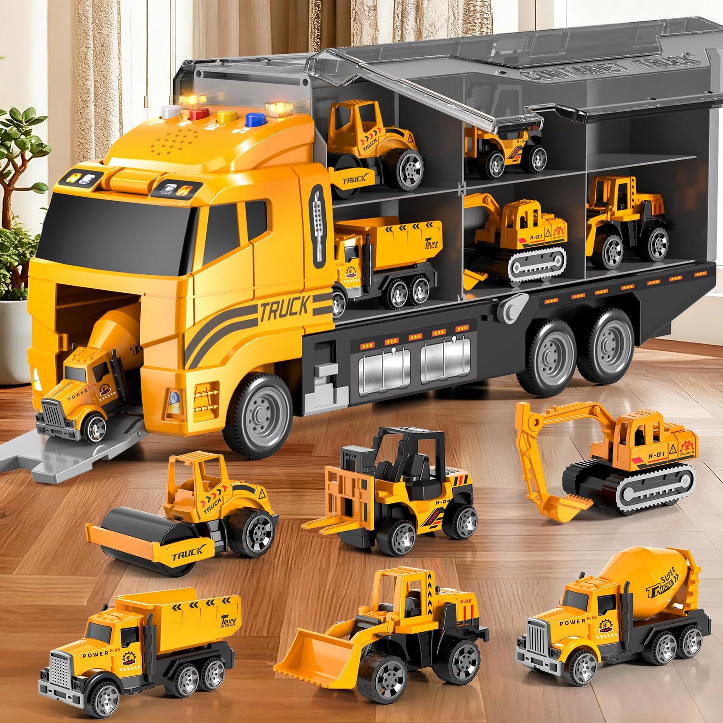 Toddler Boys Construction Truck Set: Construction for Boy 3 4 5 6 Years Old | with Play Mat and Die-Cast Toy Car | Birthday Gifts Toys for 3-8 Year Old Boys | Kids Toys Cars with Light and Sound