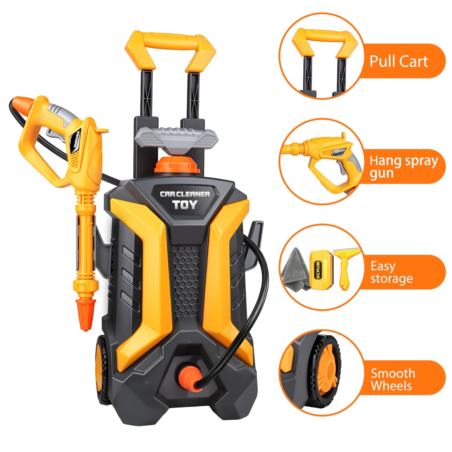 Kids Pressure Washer Toy, Outdoor Car Wash Playset for Patio Lawn Garden, Self Powered Water Pressure Washer Toy, Ages 3+, Gifts for Boys and Girls