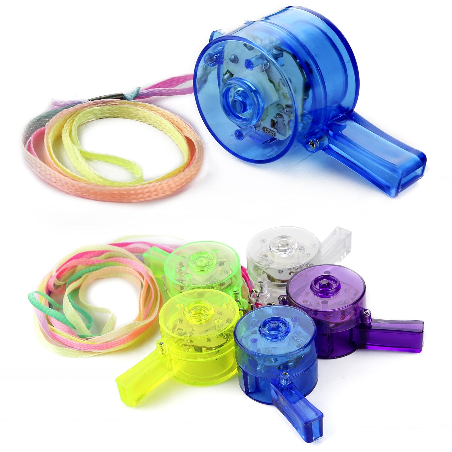 PROLOSO 20 PCS Light up Flashing Whistles Glow in the Dark Party Supplies Include 10 Pacifier Whistles and 10 Round Whistles with Lanyard