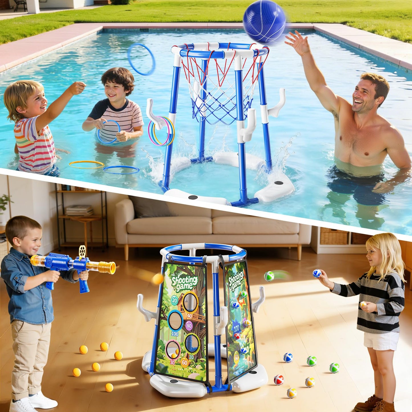 NIPLOOOW Pool Basketball Hoop, 4-in-1 Floating Pool Toys Ring Game with 4 Balls, Air Pump Launcher and Sticky Balls, Outdoor Swimming Pool Basketball Game Water Toy Family Party for Kids Age 3-12