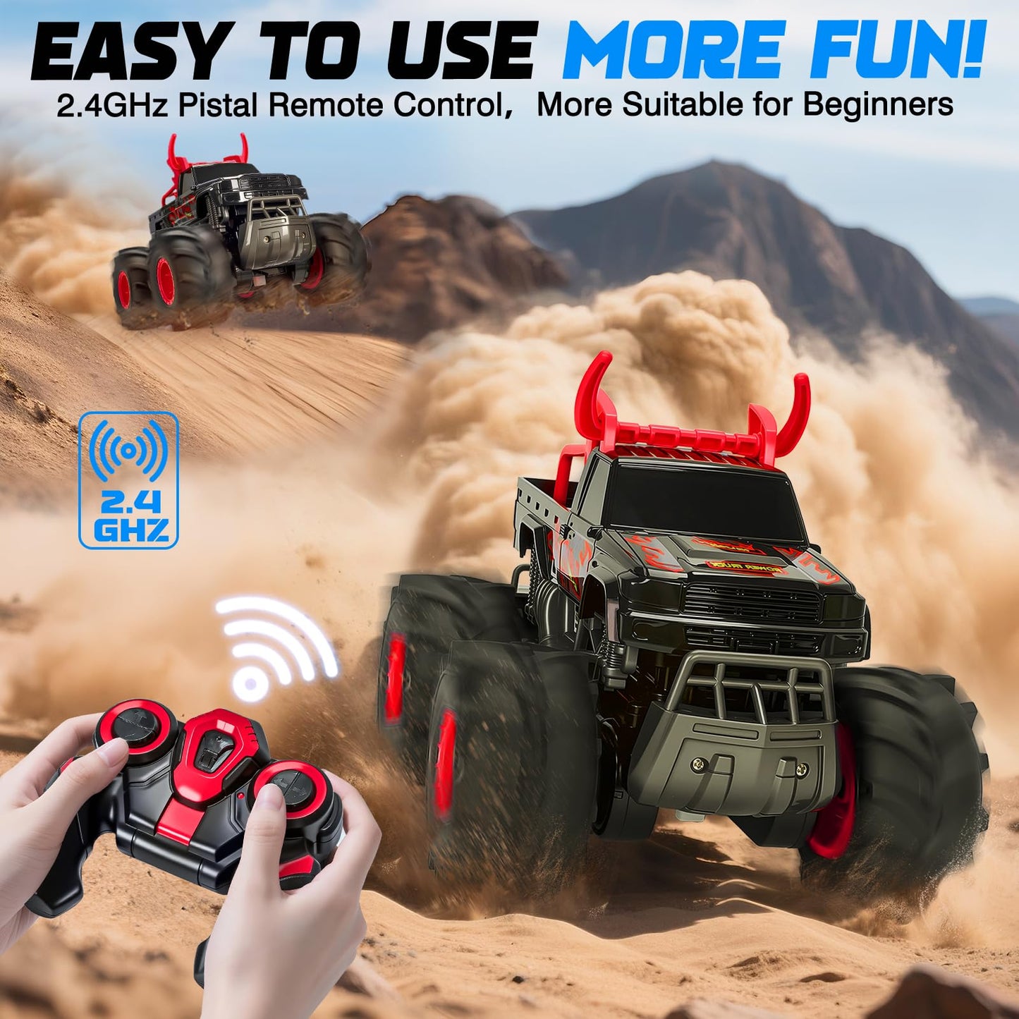 BainGesk Remote Control Monster Truck Toys, 1:16 Amphibious Waterproof RC Car, 2.4GHz 4WD All Terrain Toys with 2 Rechargeable Batteries, Off-Road Truck Gifts for 6 7 8 9 10 11 12 Year Old Boys