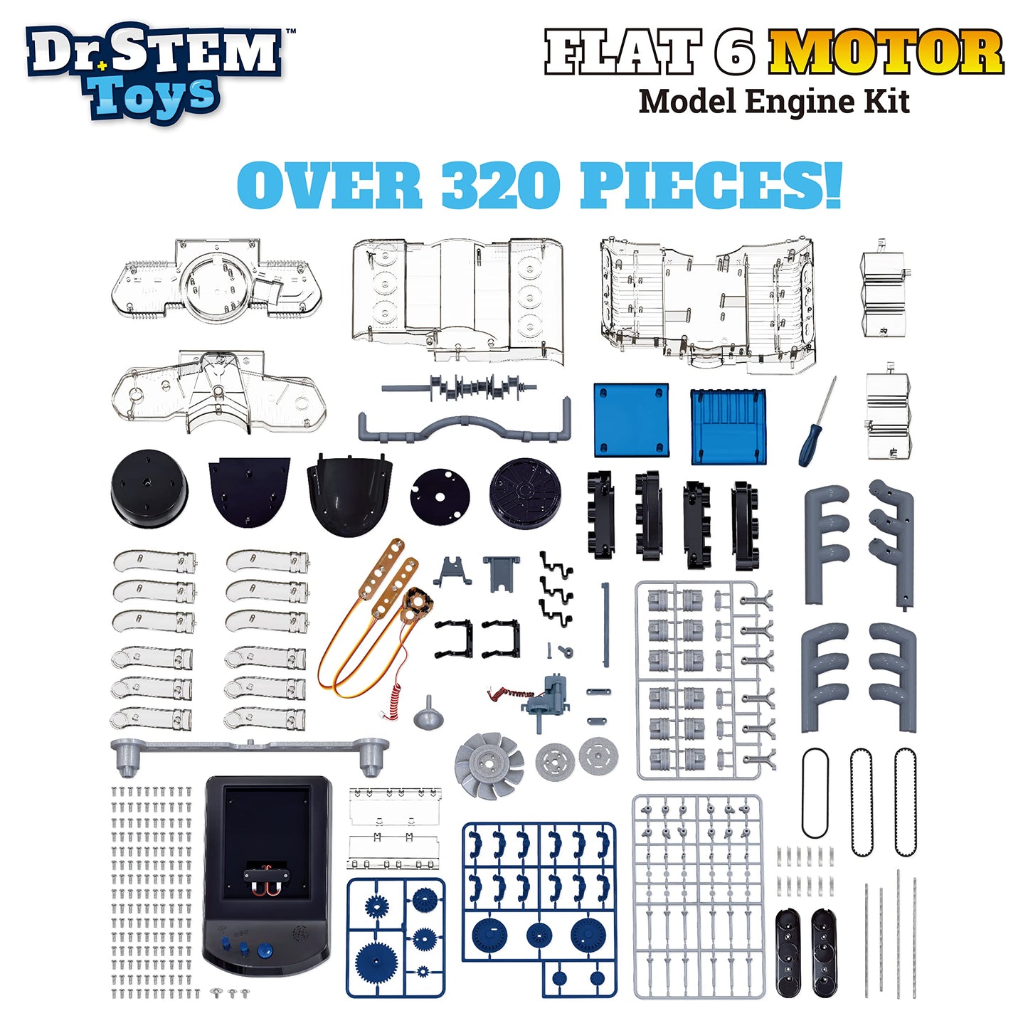 Dr. STEM Toys Model Engine Kit for Boys & Girls Ages 12+, Realistic Replica Flat 6 Motor Has Over 320 Parts, Real Motorized Action, LED Lights & Sound Effects, Comes with Detailed Directions
