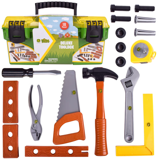 John Deere 18 Piece Deluxe Tool Box, Construction Playset with Tape Measure and Tools, Interactive Building Toys, Preschool Toys for Boys and Girls