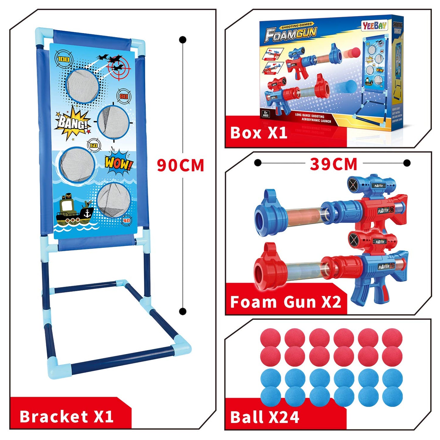 YEEBAY Shooting Game Toy for Age 6, 7, 8,9,10+ Years Old Kids, Boys - 2pk Air Guns & Shooting Target & 24 Foam Balls - Ideal Gift - Compatible with Toy Guns