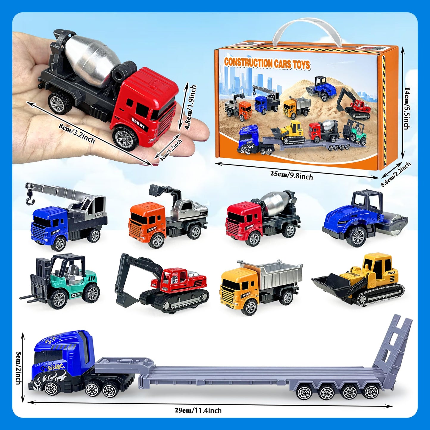 9 Pack Alloy Construction Truck Toys for 3 4 5 6 7 8 Years Old Boys Truck Vehicles Sand Sandbox Beach Toys Excavator Forklift Bulldozer Friction Powered