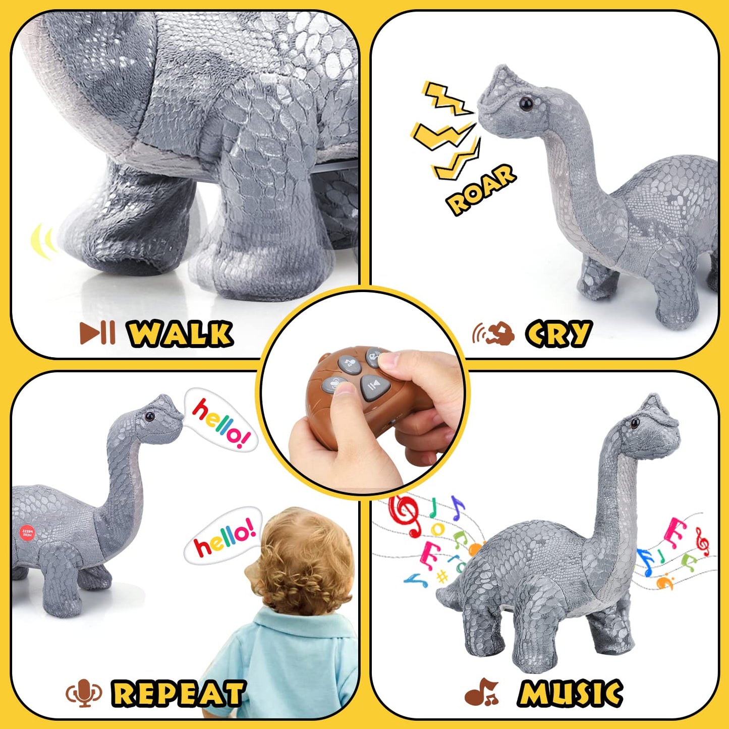 TOY Life Remote Control Dinosaurs - Walking Electronic, Plush Brontosaurus & Stuffed Animal - RC Dinosaur Gift for Kids 3-7+