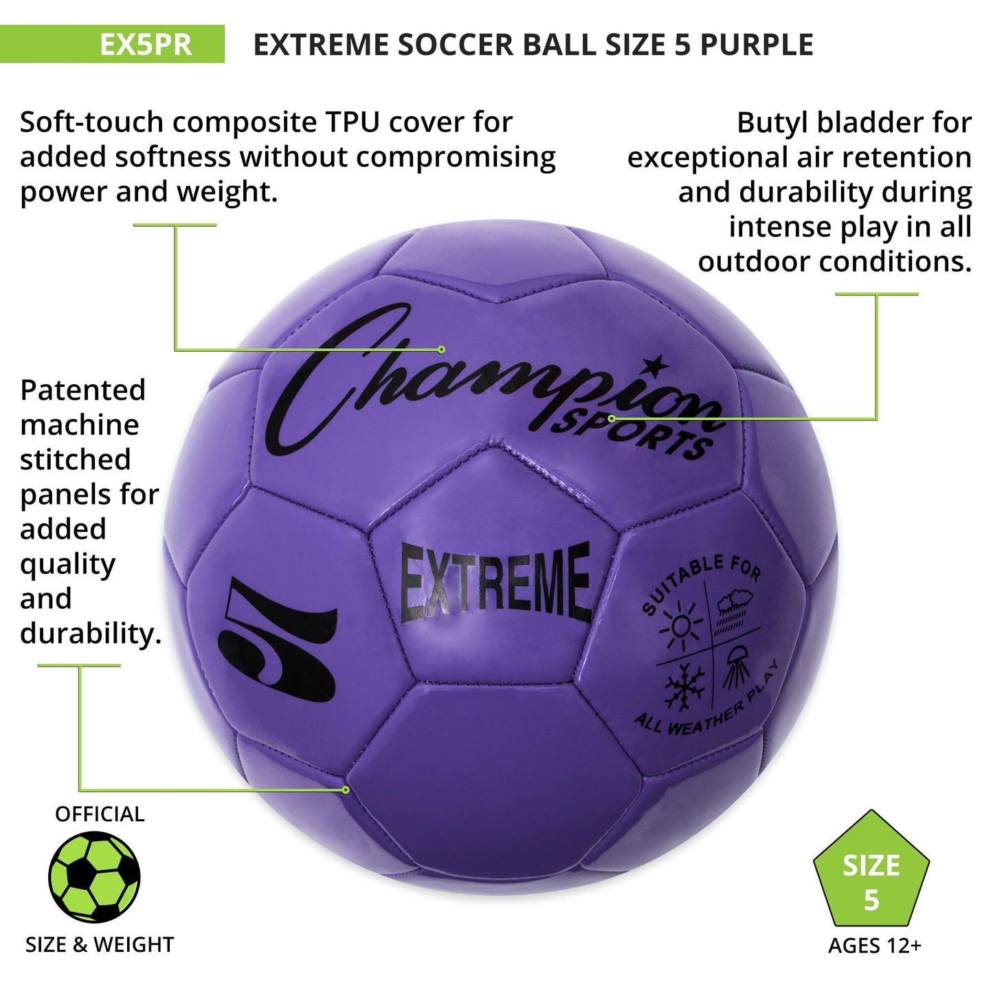 Champion Sports Extreme Series Soccer Ball Regulation Size 5 - Collegiate, Professional, and League Standard Kick Balls - All Weather, Soft Touch, Maximum Air Retention - For Adults, Teenagers, Purple