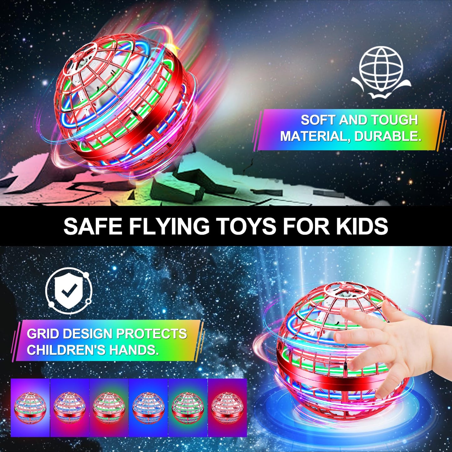 Vantexi Flying Orb Ball Toy,2026 Upgraded Parachute LED,Magic Hand Controlled Flying Gravity Ball,Cosmic Globe Boomerang,Cool Christmas Birthday Gift for 6 7 8 9 10+ Year Old Boys Girls-Blue & Red