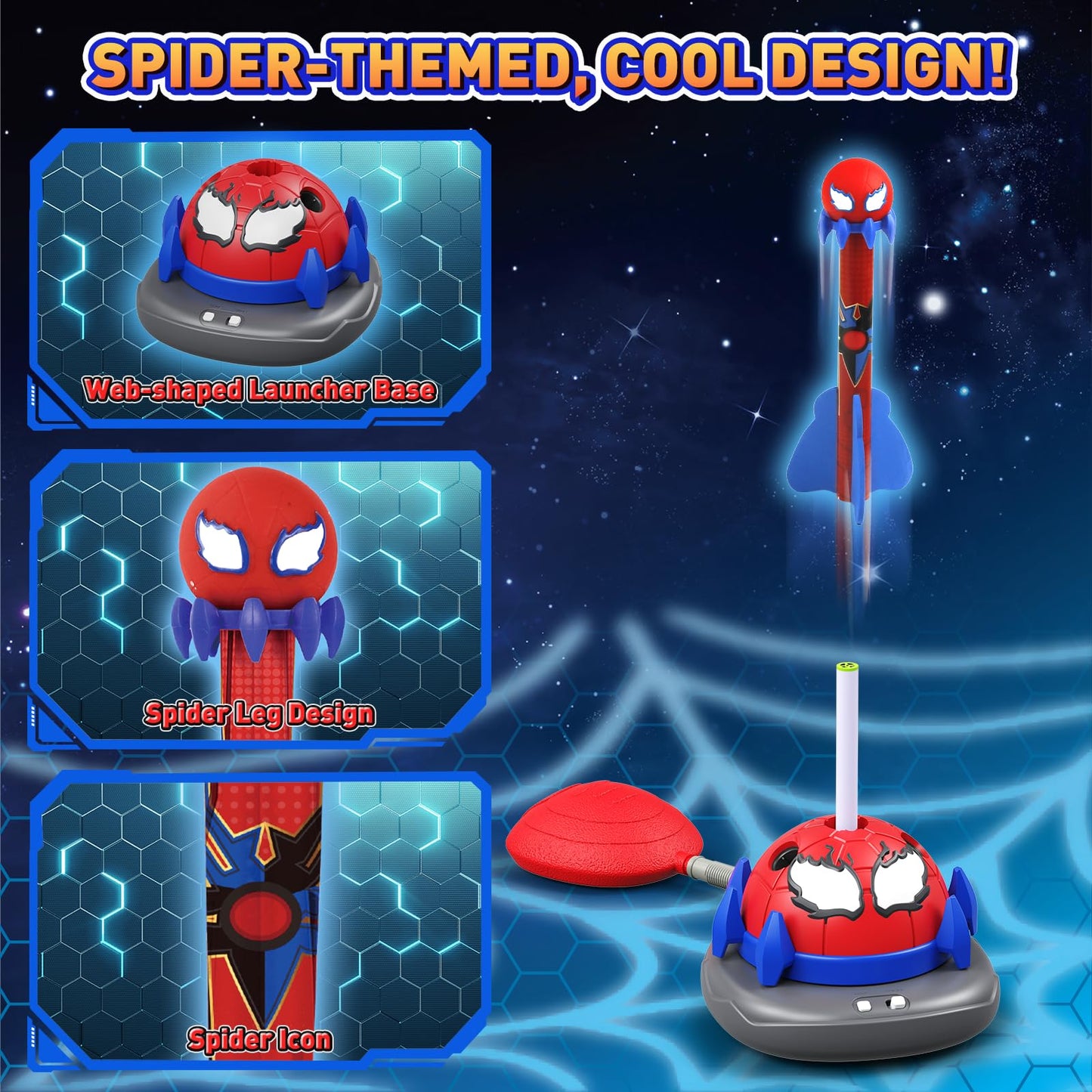 Spider 3-in-1 Rocket Launcher for Kids: 4 Cool Spider Rockets, Ring Toss Game, Musical Jump Toys with Remote Control, Outside Yard Indoor Outdoor Sports Toys for Boys Girls 3 4 5 6 7 8 9 10 Year Old