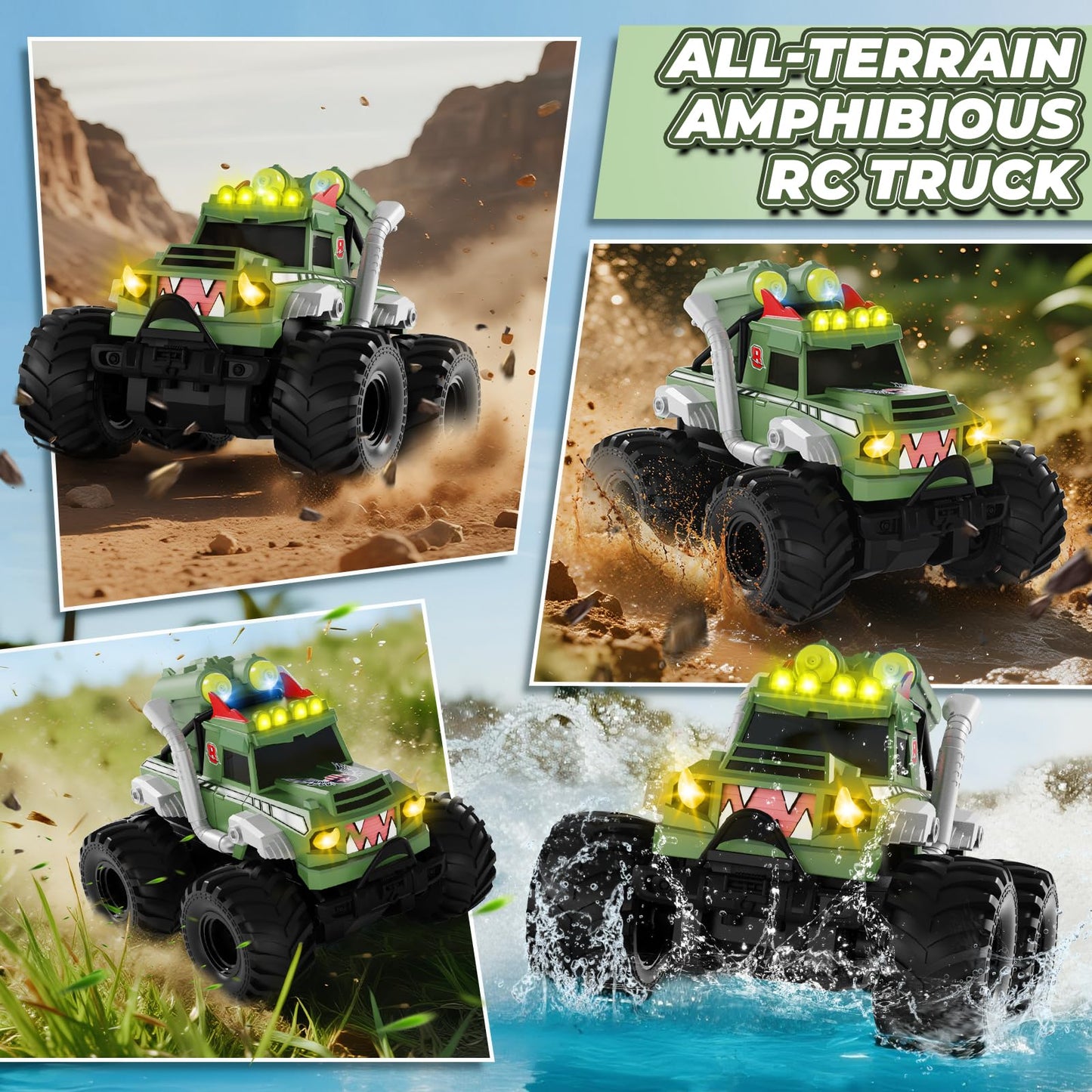 UFOLED Remote Control Car, Waterproof Monster Truck Toys RC Cars for Boys, 1:18 Amphibious 4WD All Terrain Off-Road Pickup Toy Trucks, Christmas Birthday Gift Boys Girls Kids Ages 6 7 8-12 Years Old