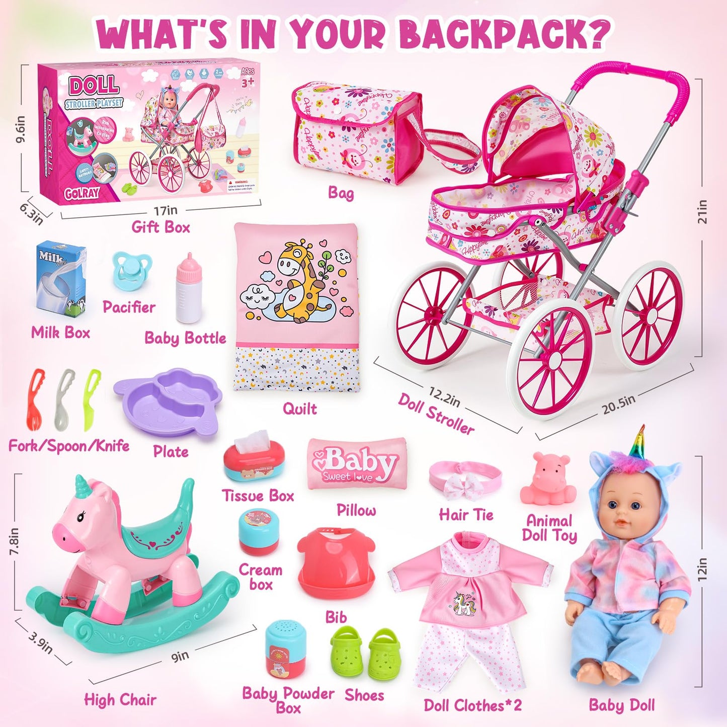 Golray 12 in Baby Doll Toys Set with Stroller for 3 4 5 6 Year Old Girl - 26pcs Babydoll with Accessories Rocking Horse/2 Clothes, Feeding Nursing Pretend Play Toddler Girl Toy Gift 3-5-7