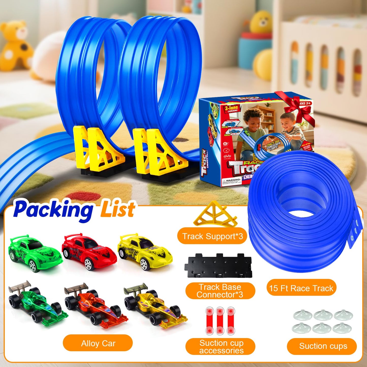 3-Lane Flexible Race Track for Kids: 15ft DIY Bendable Ramp with Suction Cups – Portable Roll-Up Car Track for Kids Compatible with 1:64 Diecast Cars – Easter Birthday Gift for Boys Girls Ages 3+