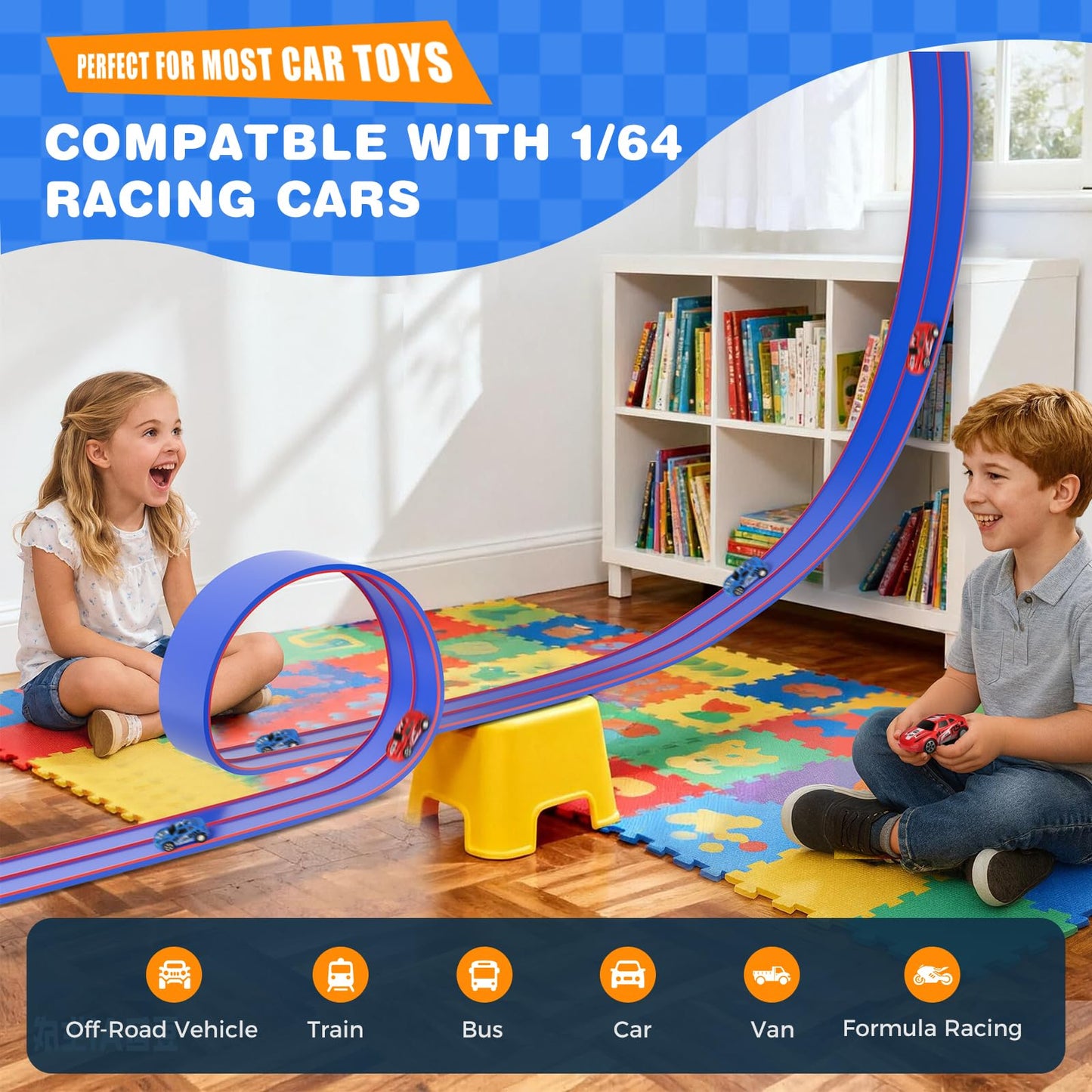 DKOXT 15 Ft Flexible Race Track for Kids, DIY Car Track Set with 2 Toy Cars & 3 Suction Cup Ramps, Easter Basket Stuffers for Teens & Boys Girls, Creative Easter Gifts for Kids, Blue