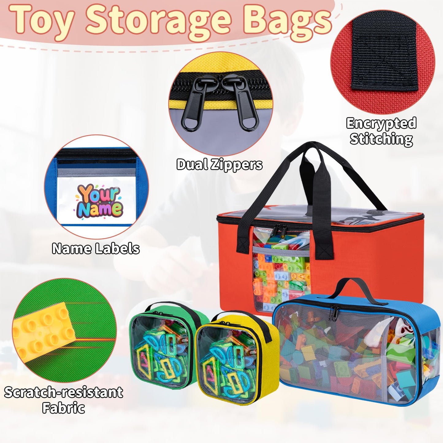 Wigojoy 4 PCS Magnetic Tiles Storage Bag, Toy Storage Bags With Visual Top Flap, Label Pocket and Mesh Pockets Fit for LEGO, Building Blocks, Magnetic Tiles, Toy Cars