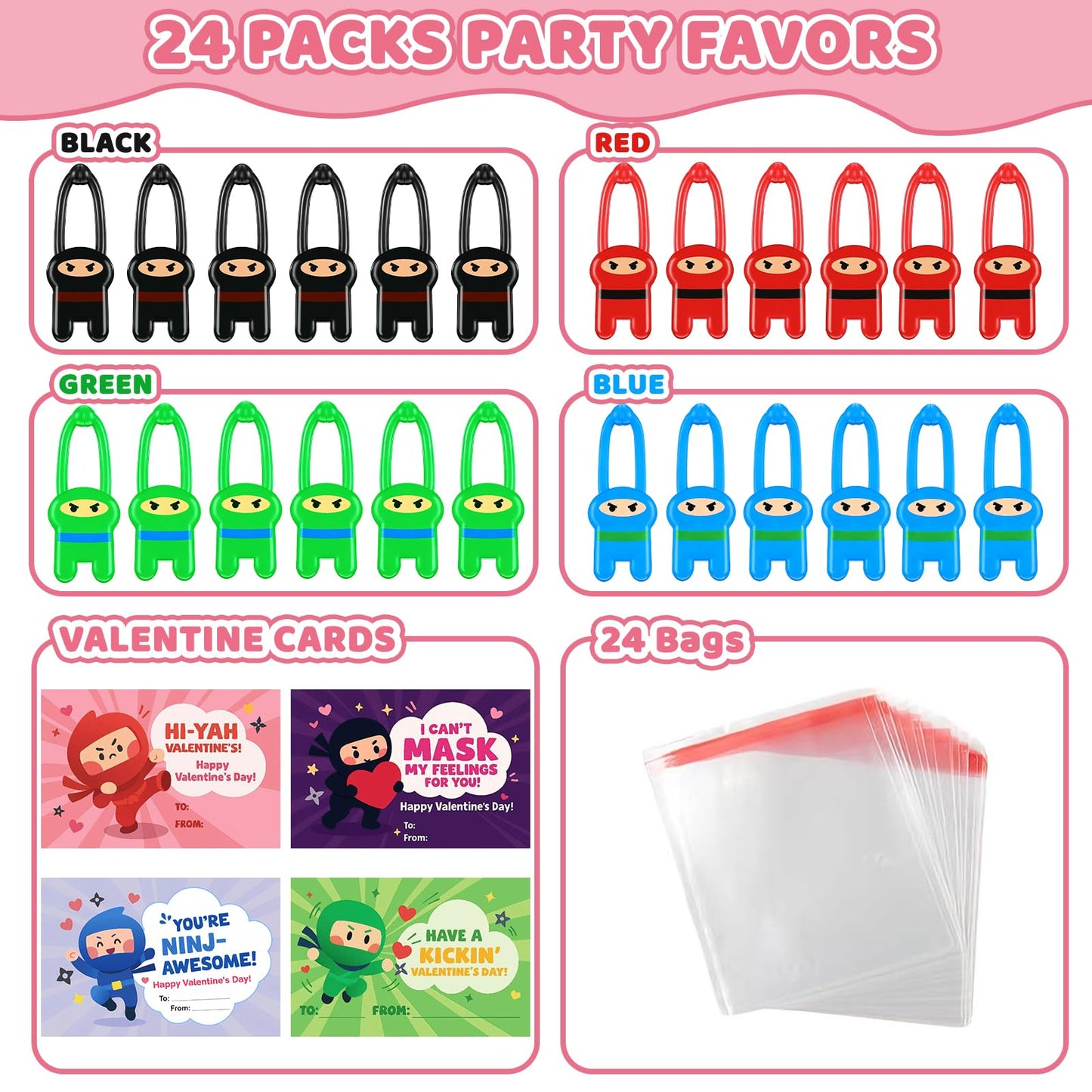 HFZCZW Valentines Day Cards for Kids,24 Pack Ninja Sticky Stress Relief Tricky Toys with Valentines Flying Elastic Slingshot Ninja Toys,Valentine Exchange Gift for Kids Girls