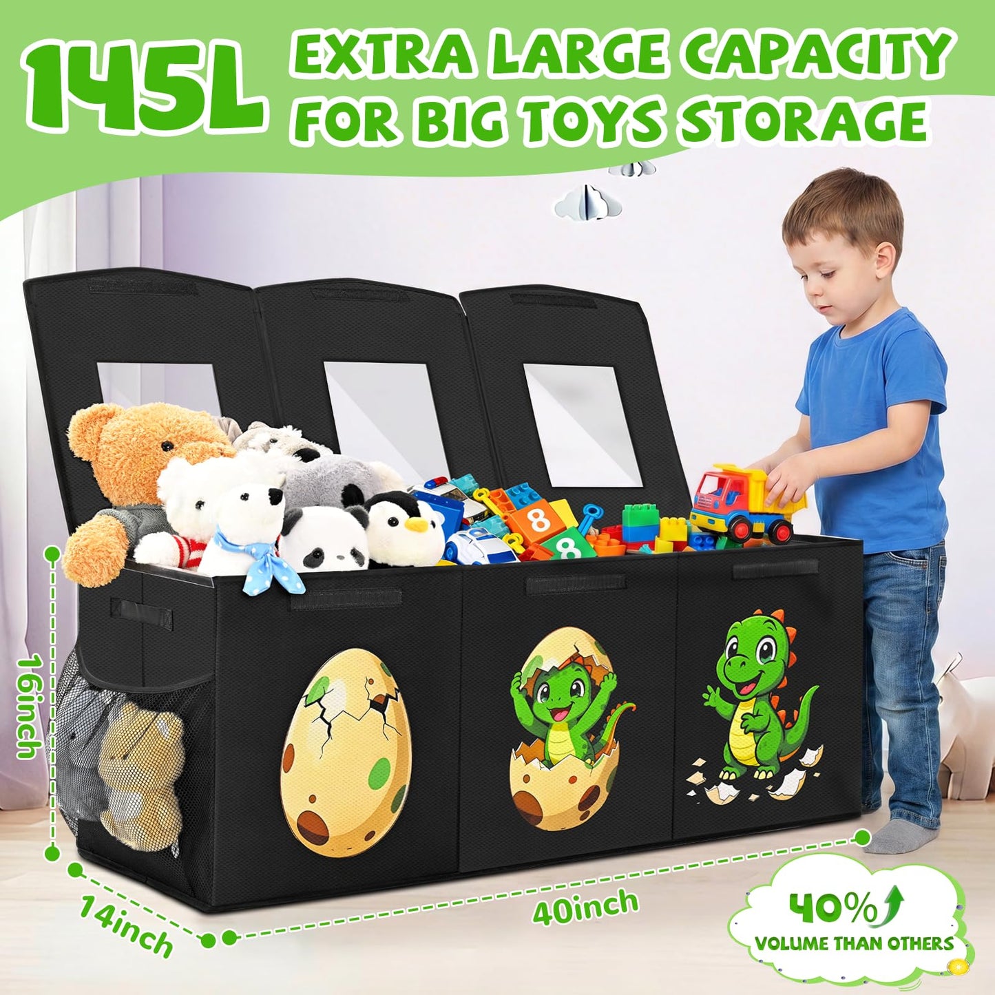 Livole 145L Toy Box, Collapsible Kids Toy Chest Bins with Lids Sturdy Large Toy Storage Organizer Boxes Baskets for Boys Nursery Room Playroom Closet, 40"X16"X14", Black