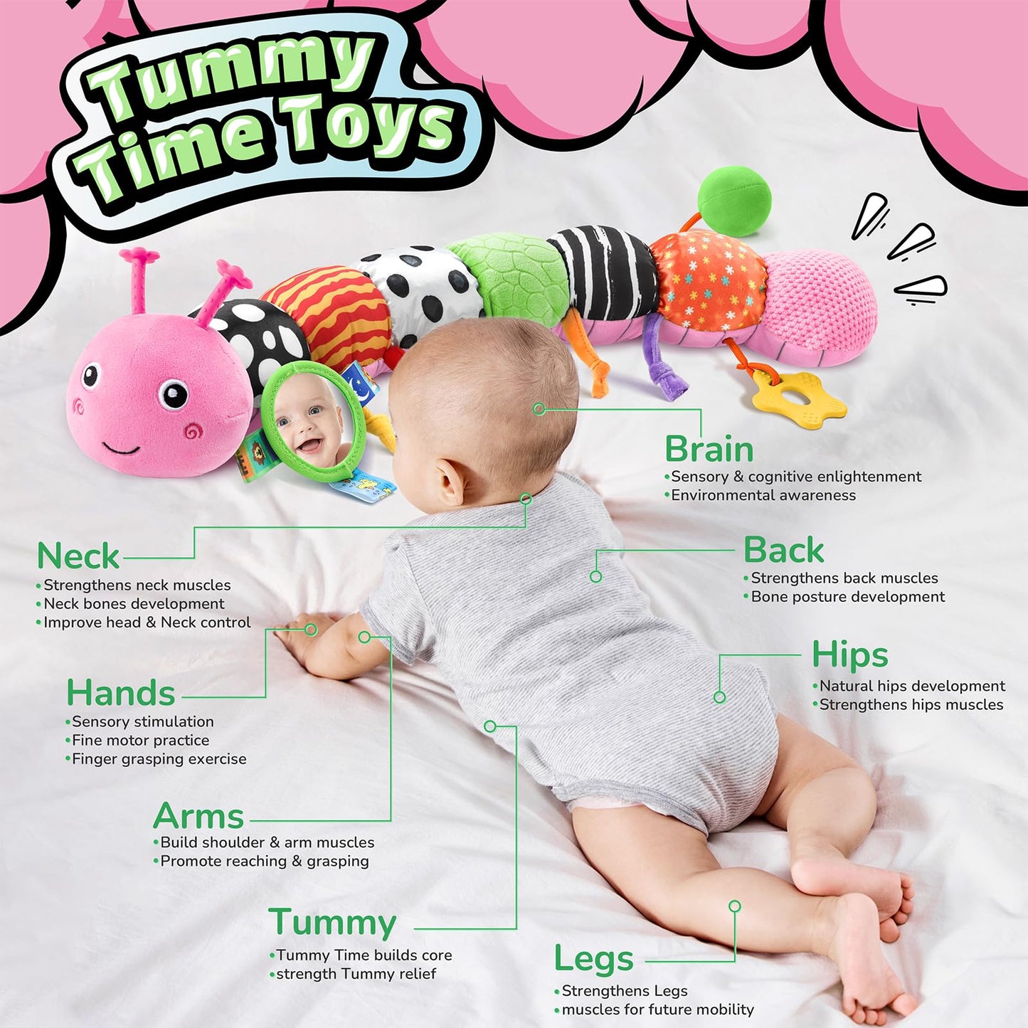 LIGHTDESIRE Baby Toys Musical Caterpillar,Infant Toys 3 6 12 Months Sensory Toy with Ruler Design,Mirror,Pull String,Crinkle&Ring Bell,Baby Teething Toy for Tummy Time Boy Girl Gifts (Rose Pink)