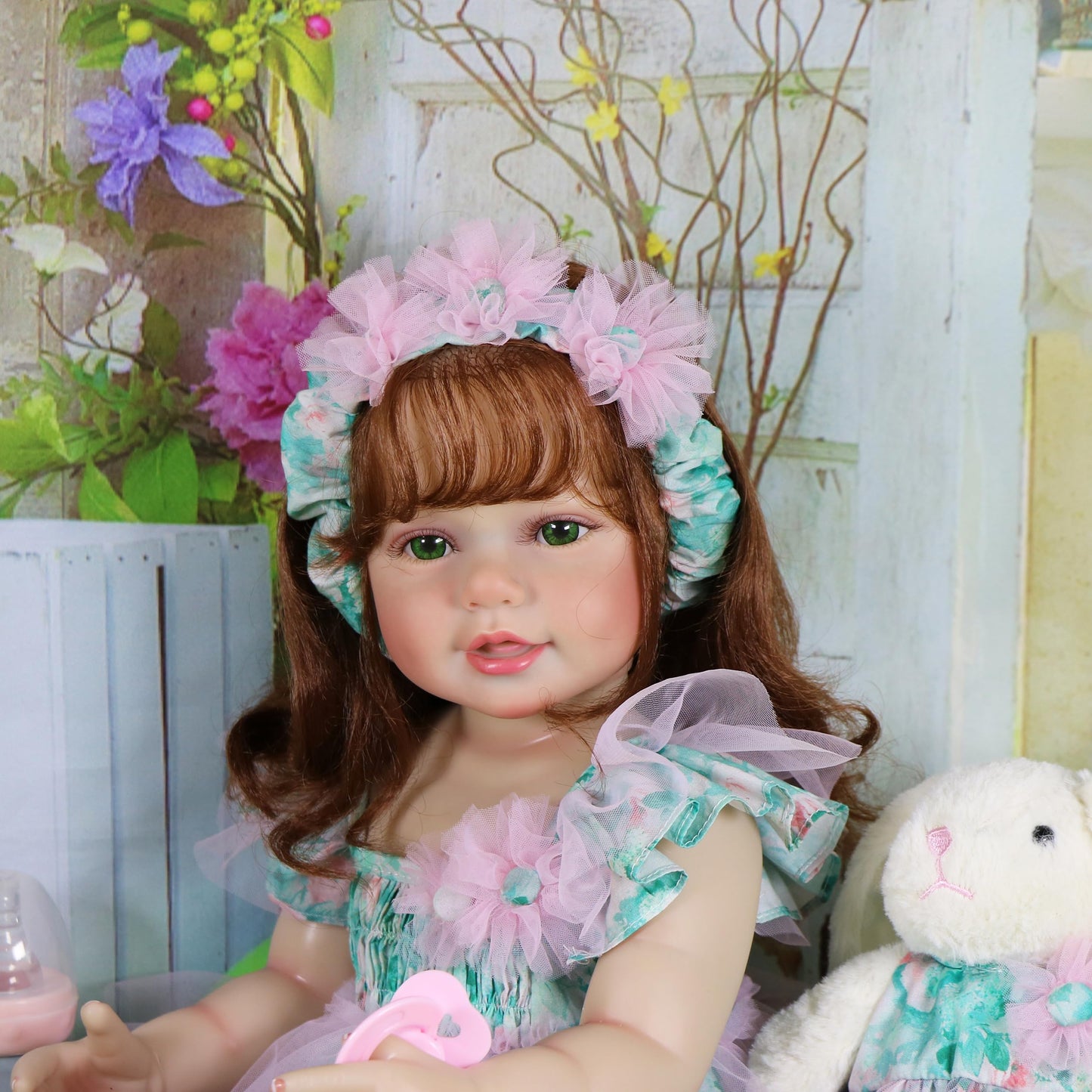 WAWA-HAOKEAI Garden Party – 22 Inch Realistic Reborn Toddler Girl Doll with Hand-Rooted Red Hair & Green Eyes, Poseable Full Vinyl Body, Bunny Plush Gift Set – Ages 3+