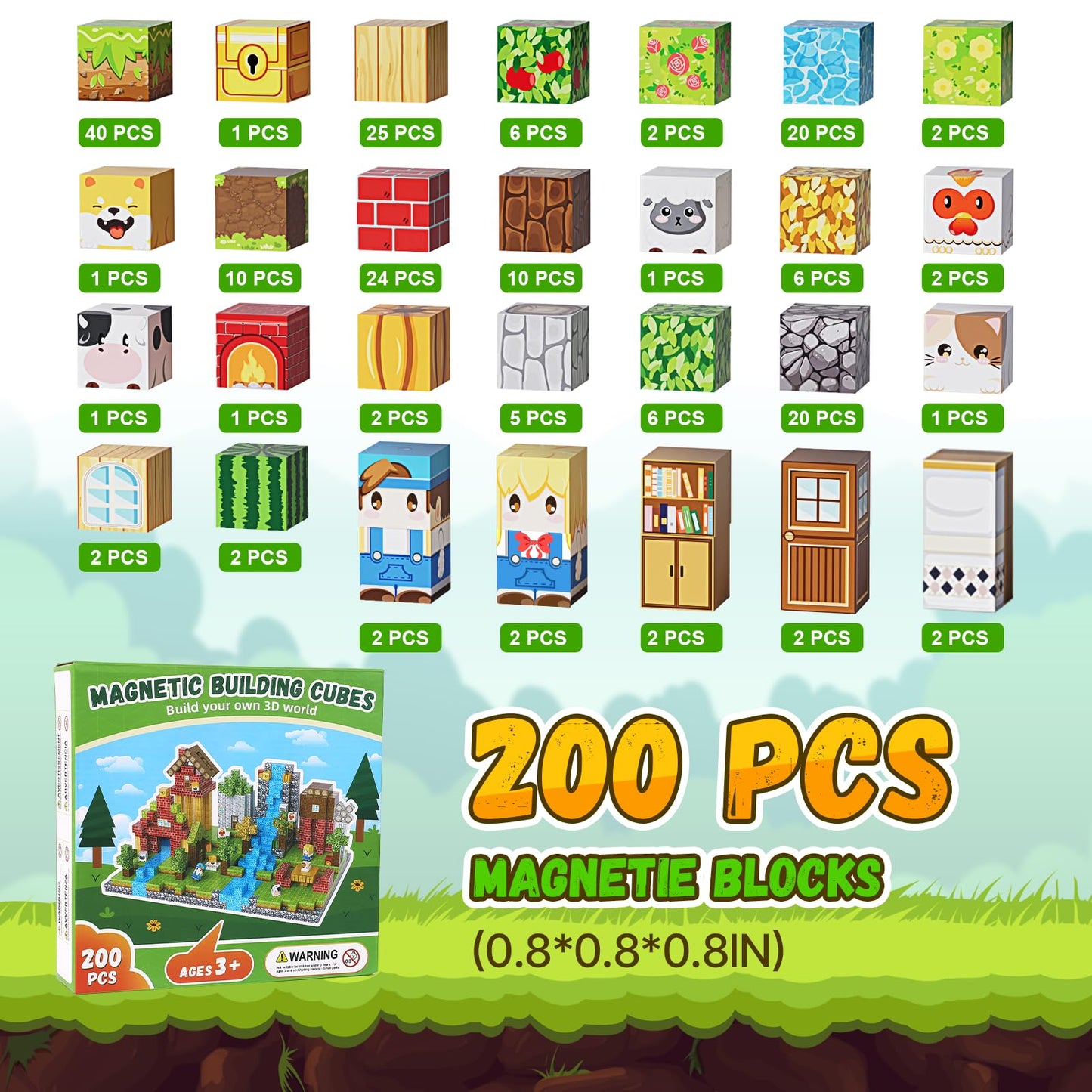 Fitrobust 200PCS Magnetic Building Blocks Set, Magnetic Tiles Kids Build Cubes STEM Game Toys, Build Forest World Set, Christmas Birthday Gifts for Boys & Girls Age 3 4 5 6 7 8 9 10, 0.8 in Size