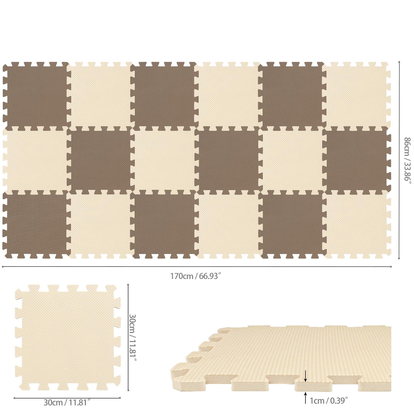 qqpp EVA Rubber 18 Tiles Interlocking Puzzle Foam Floor Mats - Baby Play Mat for Playing | Exercise Mat for Home Workout. Brown, Beige. QC-FJb18N