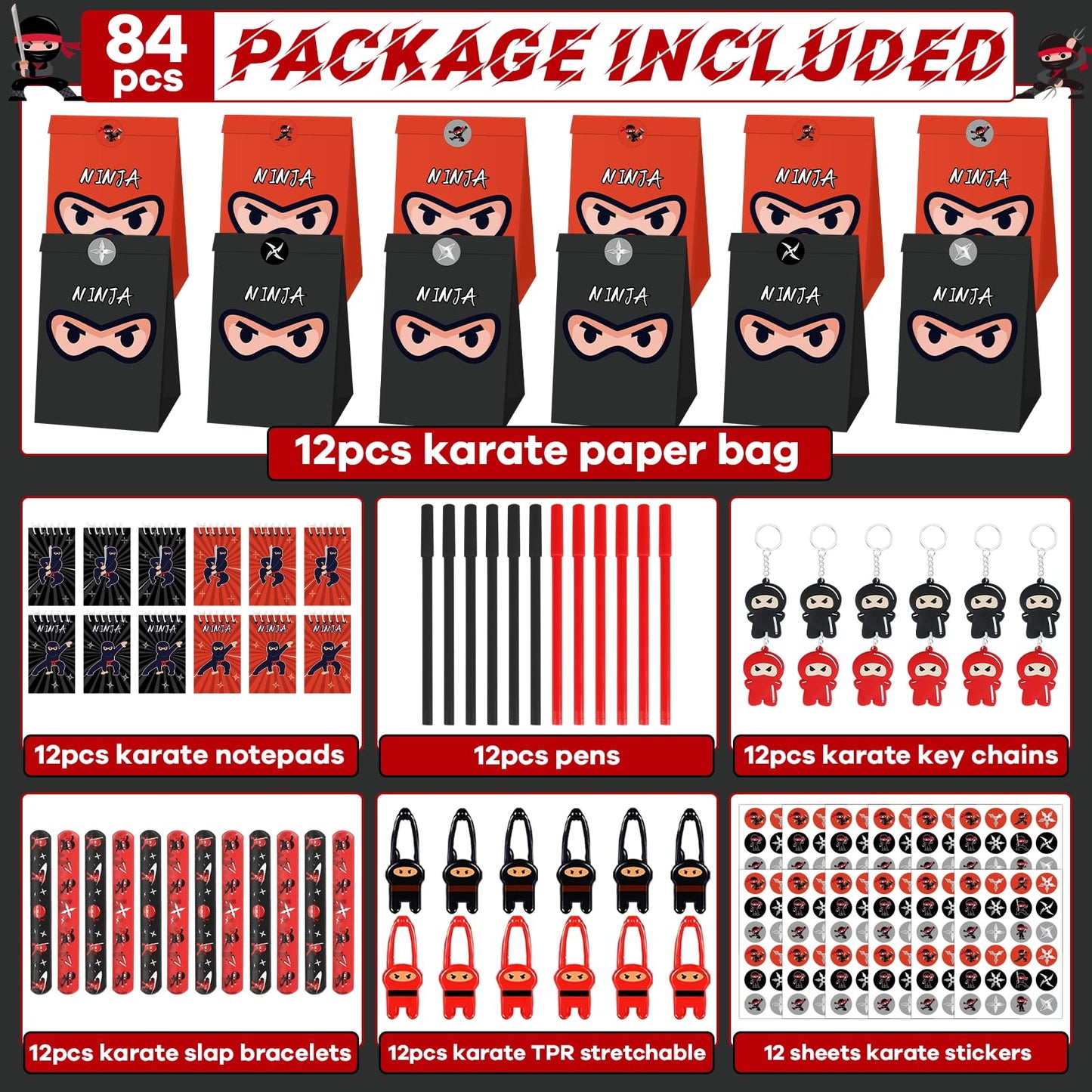 84pcs Karate Party Favor Set Red Black Karate Paper Bag Notepad Pen Slap Bracelets Key Chain TPR Stretchy Flying Toys Stickers Party Supplies for Boys Girls Birthday Classroom Activities Decorations