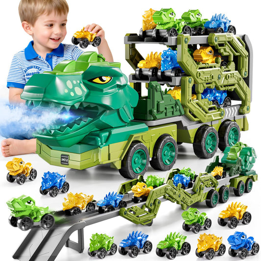 DULONIME 10 in 1 Dinosaur Truck Toys for Kids Aged 3-5 4-8 with Foldable Race Track, Carrier Truck with 9 Dinosaur Toy Car for Boys, Spraying, Light and Sound, Birthday Gifts for Girls Toddlers 5-7