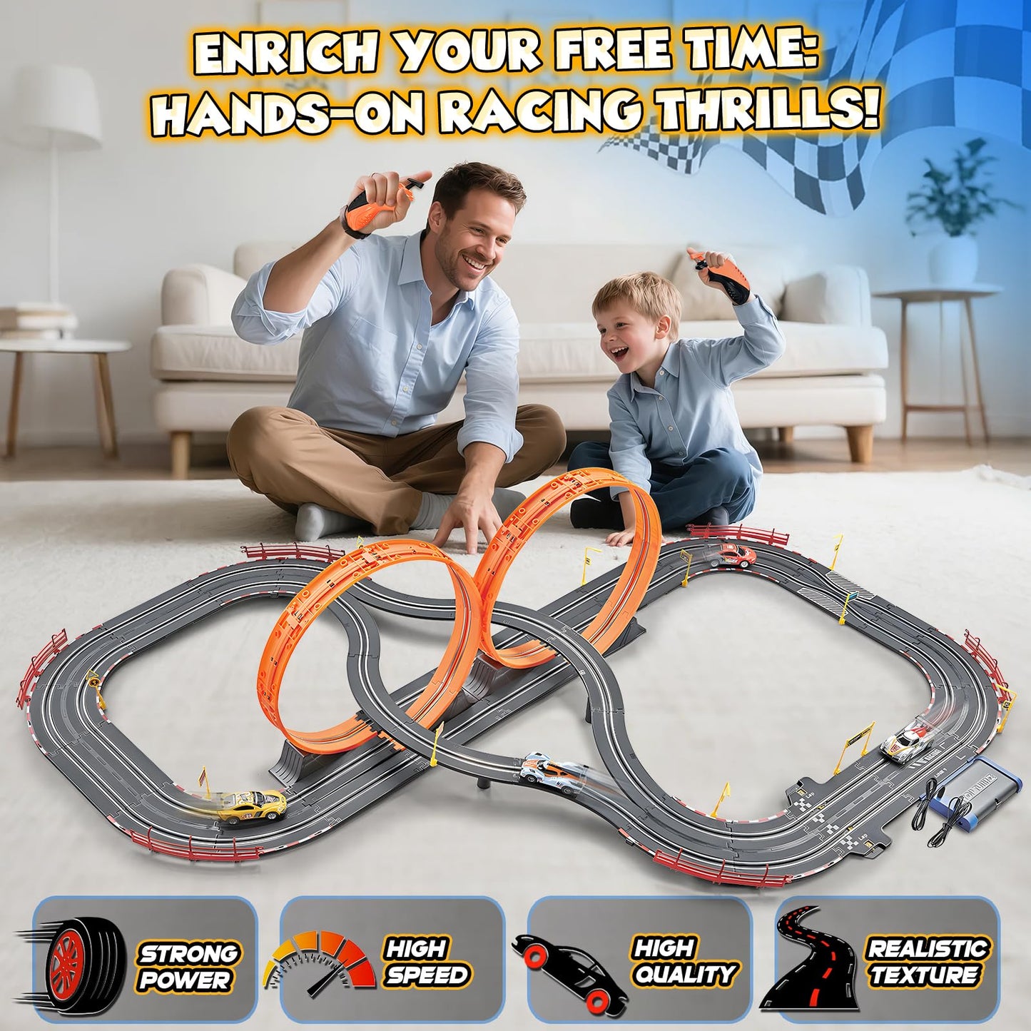 Slot Car Race Track Sets,2 in 1 Race Car Track with 4 High-Speed Slot Cars，Gift Toy for Boys Kids Ages 5 6 7 8-12,Dual Power (Source) Cars Track,Dual Racing Game Lap Counter Circular Overpass Track