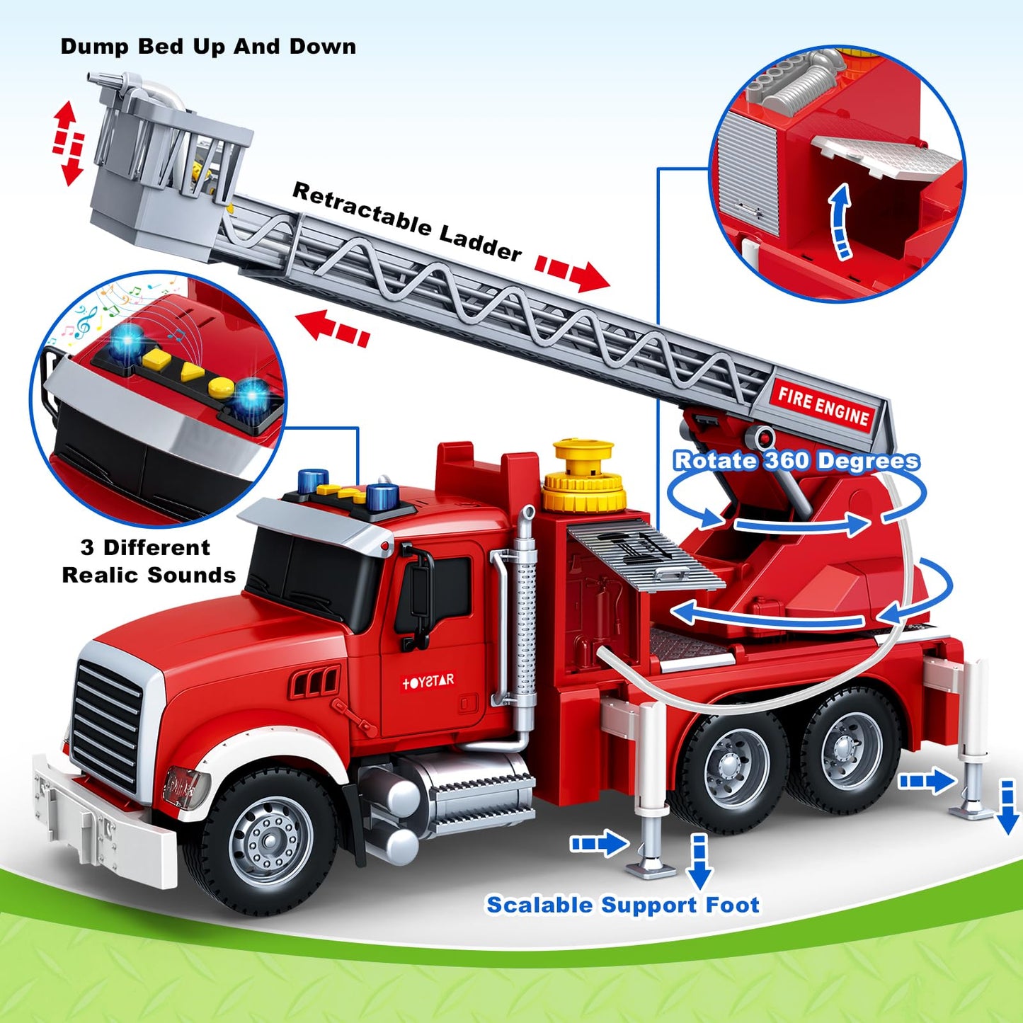Kids Toys for 3 4 5 6 7 8 Years Old Boys, 15" Large Fire Truck Toy, Friction Powered Fire Rescue Truck Vehicle Toy with Lights and Sirens Sounds, Water Pump, Ladder, Birthday Gifts for Boys Girls