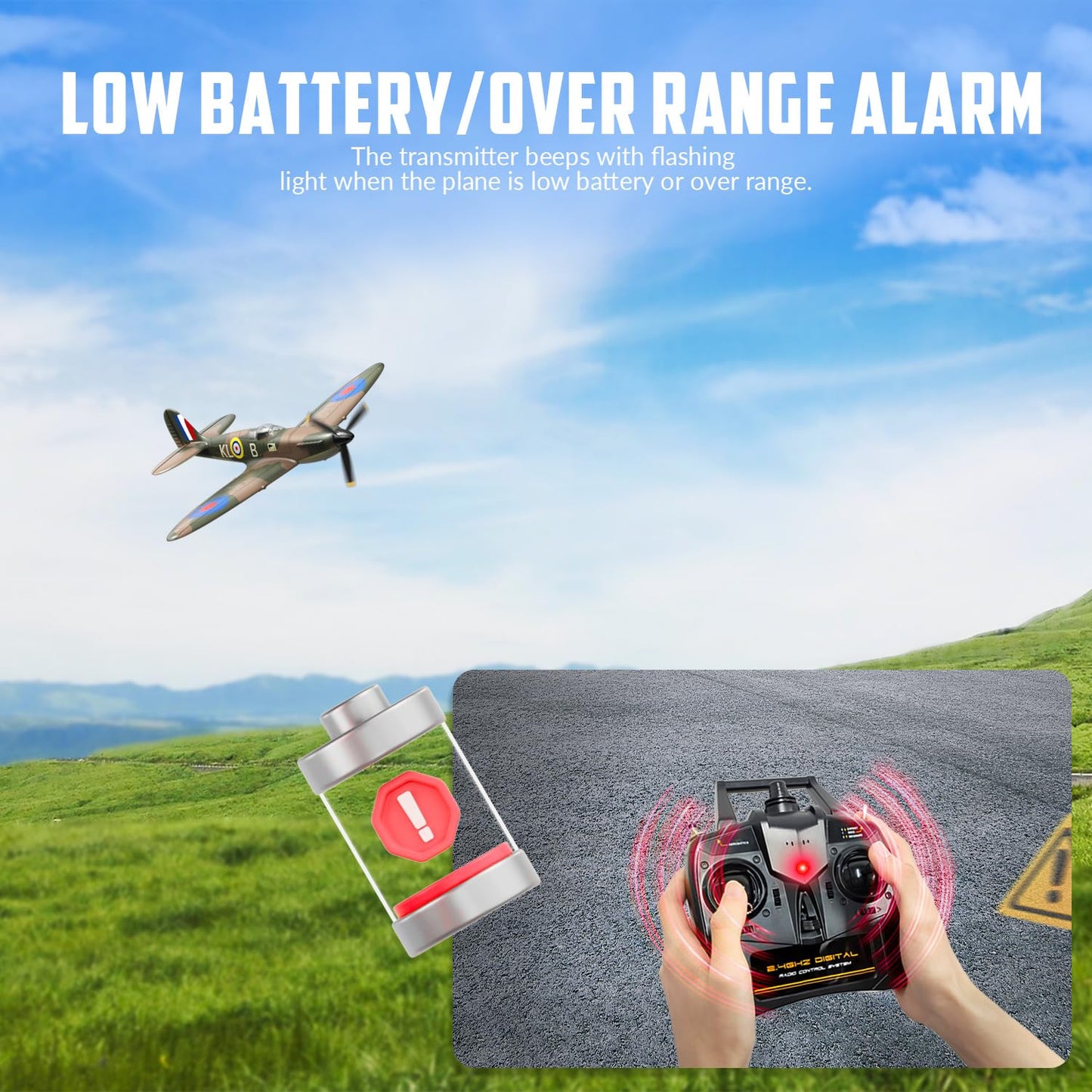 volantexrc RC Plane Spitfire Fighter 4CH Remote Control Airplane RTF with Aileron, Gyro, Aerobatics & 3 Modes to Fly, Hobby Radio Controlled Warbird Aircraft for Adults, Beginners(Green)