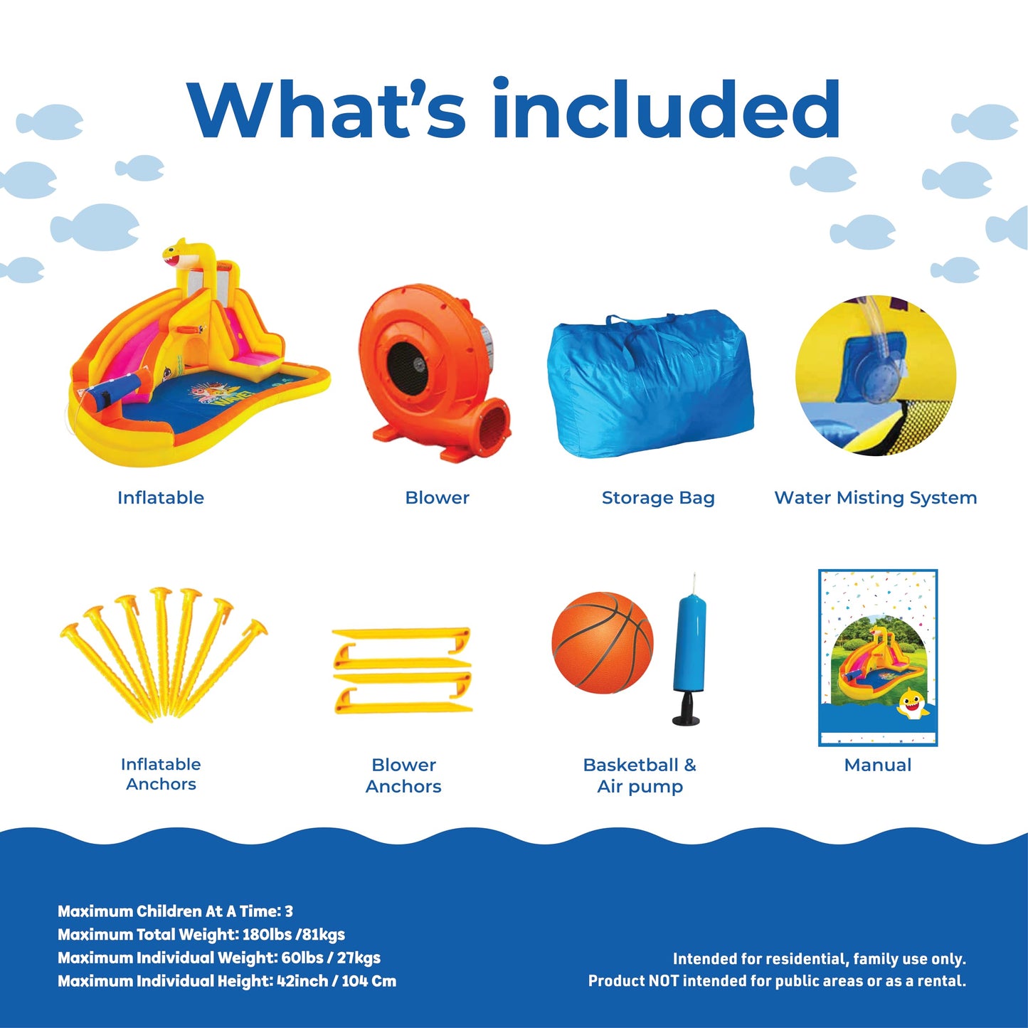 Funormous Baby Shark Bounce House with Slide Wet or Dry, Pink Fong Inflatable Water Slide, Party Outdoor Curve Waterslide Fun, Kids Backyard Water Park, Includes Water Sprayer, Pool & Blower